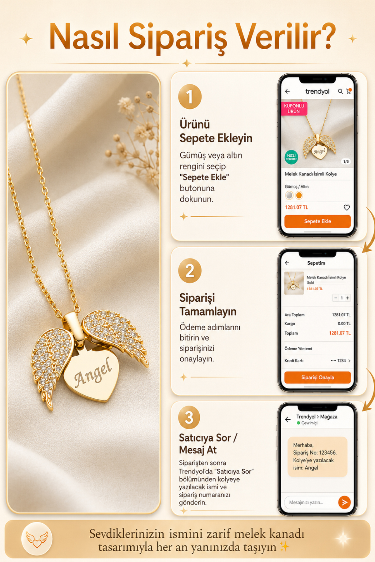 Two Arts Kişiye Özel İsim Yazılabilir Açılır Kapanır Melek Kanadı Kolye I 925 Ayar Gümüş I 14 Ayar Altın Kaplama görsel 3
