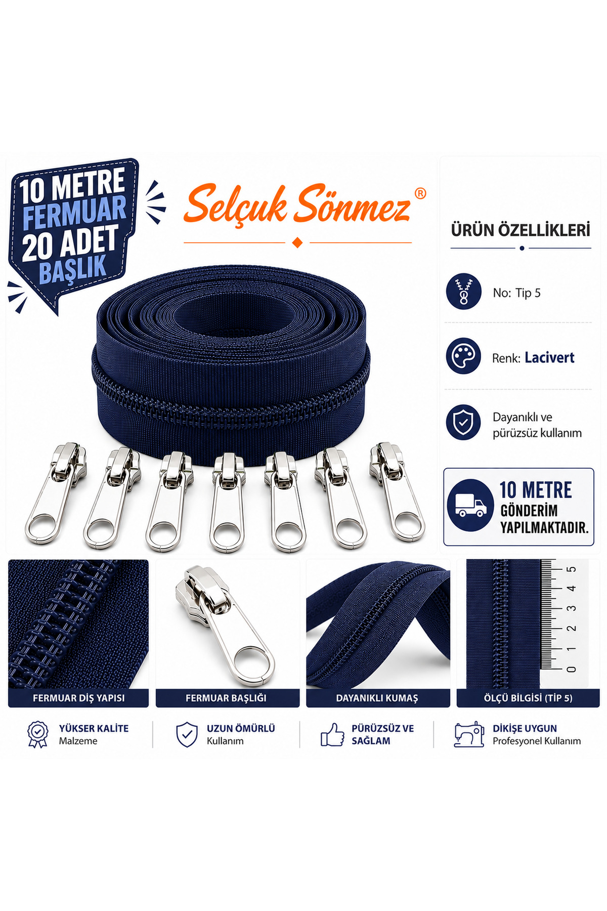 NAVY BLUE 10 METER ZIPPER 20 HEADGEAR