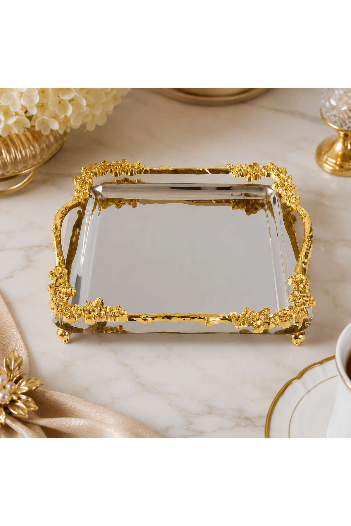 Turkco Custom Luxury Presentation and Dowry Tray with Handles and Feet, Coffee Tray