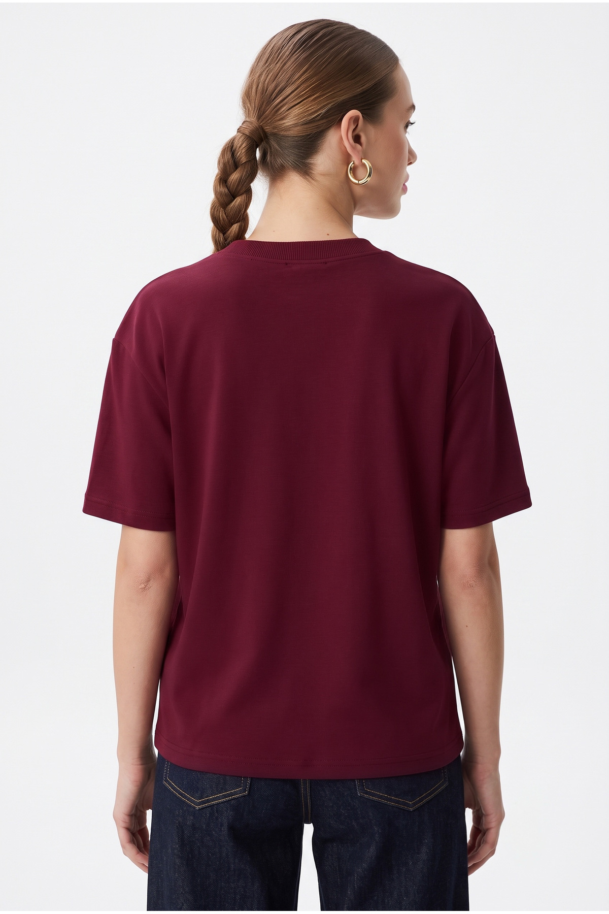 Ritnice Kadın Rise Dekoratif Yaka Tok Doku %100 Pamuk Bordo T-Shirt görsel 6