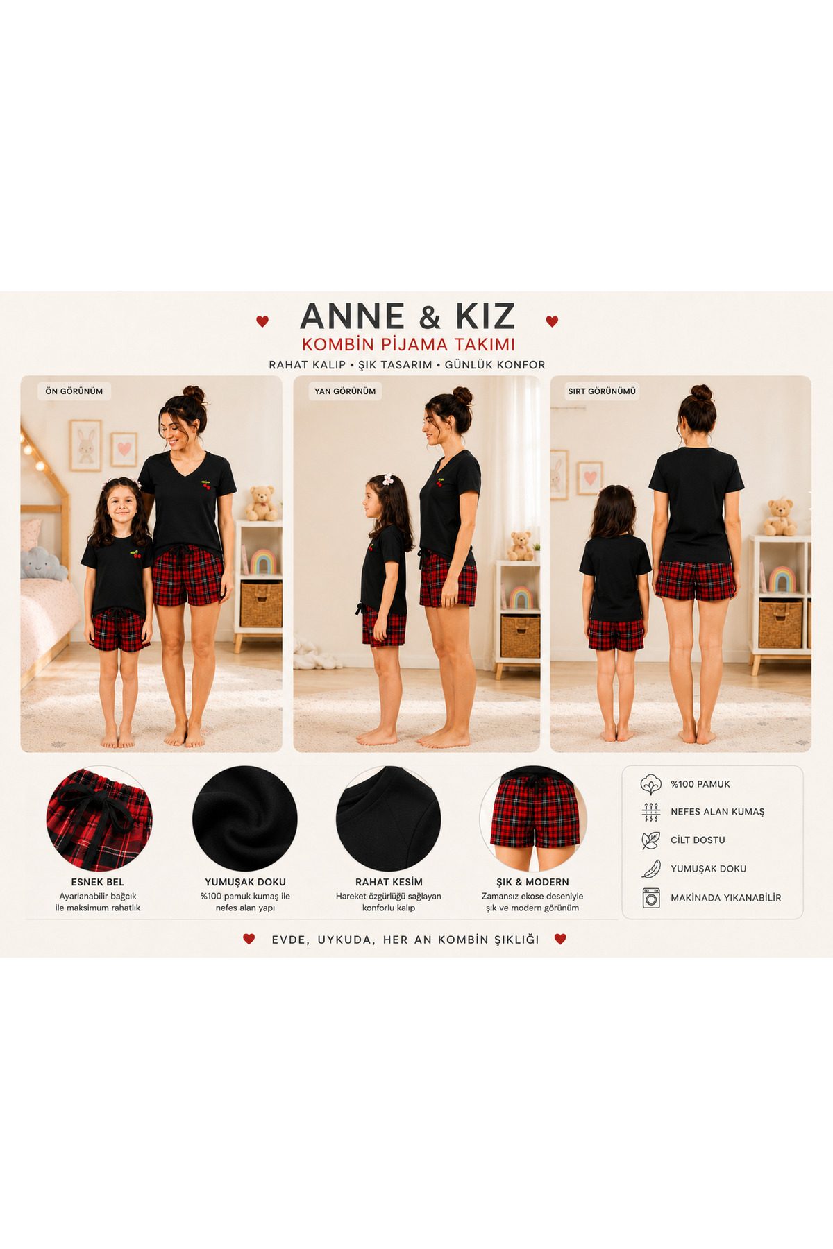 Anne Kız Kombinli Takımlanabilir Pijama Takımı Ekoseli Kiraz Detaylı ( Bir Takım Fiyatıdır) 4