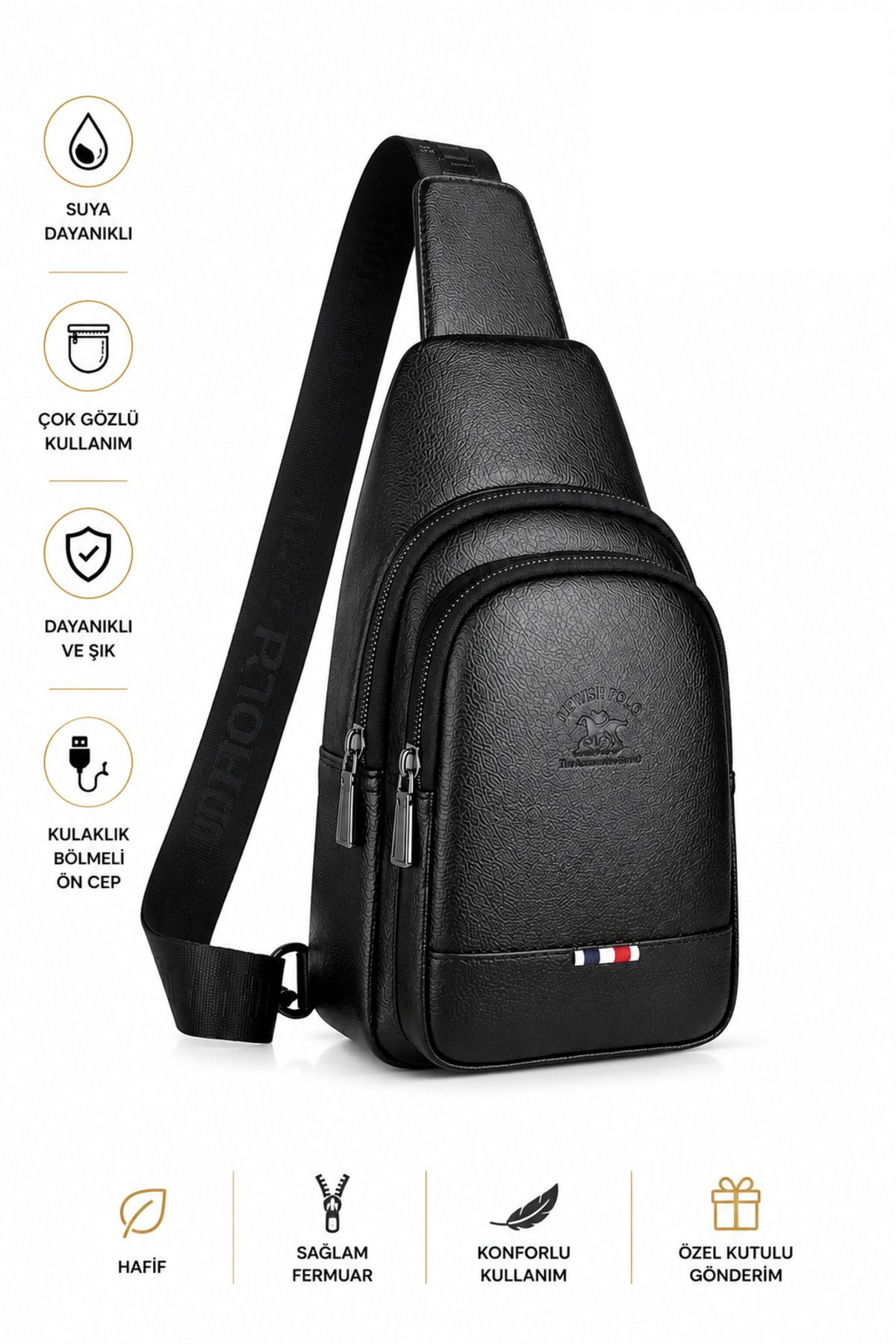 NEWISH POLO ACCESSORIES Vegan Deri Siyah Su Geçirmez Kulaklık Usb Çıkışlı Bel Ve Çapraz Omuz Çanta Göğüs Seyahat