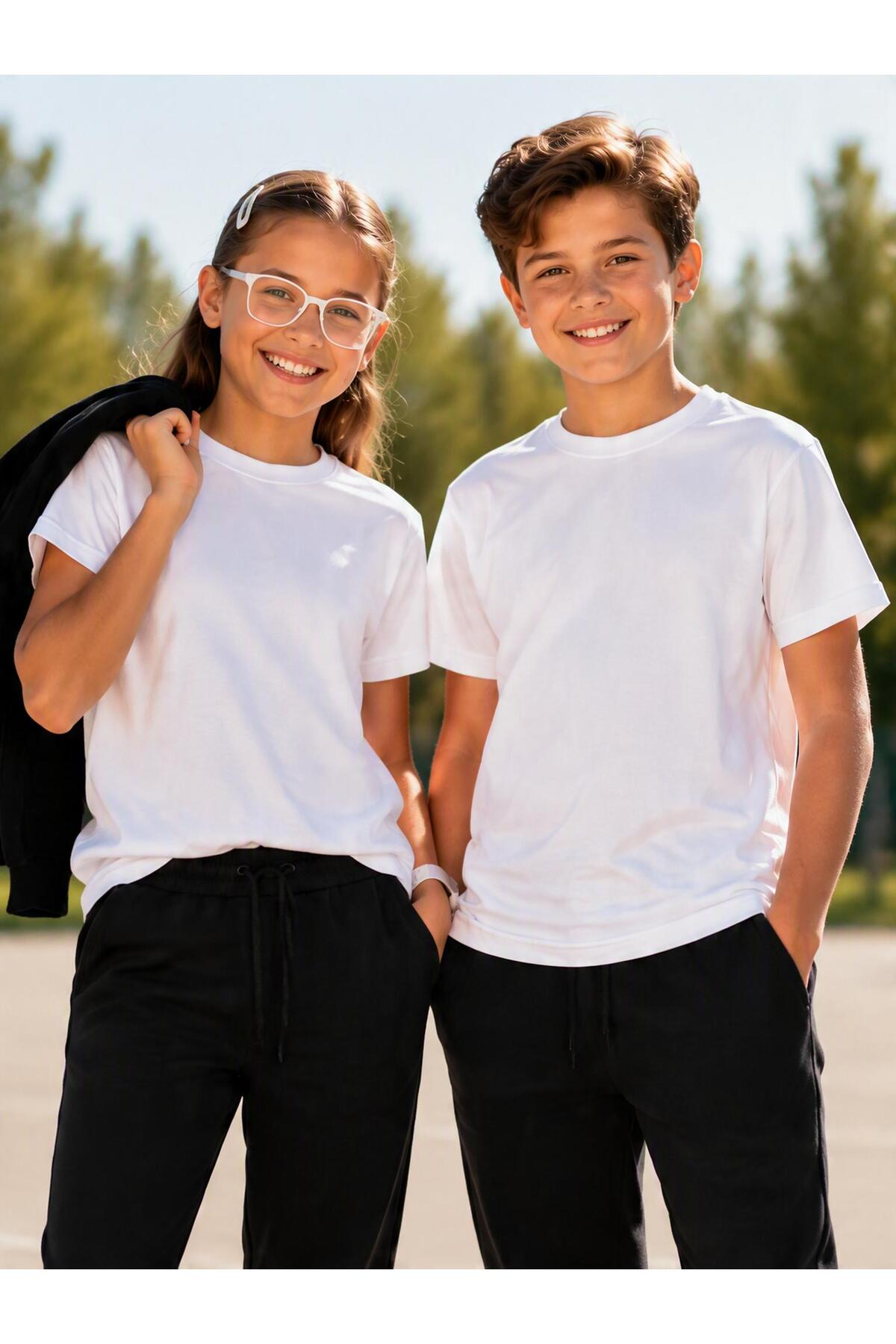 Alme Plain White Children's T-Shirt - 100% Cotton Unisex Model (One Size Large Is Recommended)