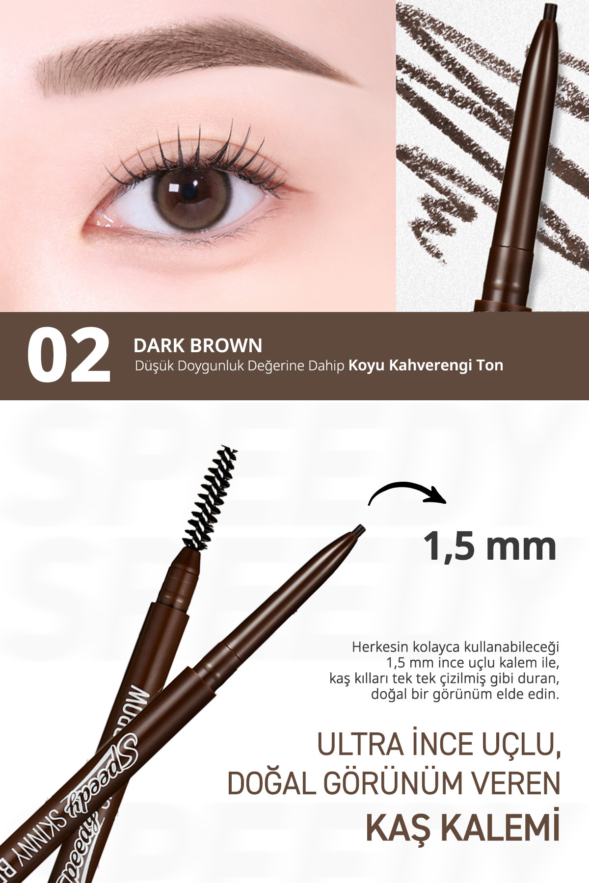 Ultra İnce Uçlu, Doğal Görünüm Veren Kaş Kalemi PERIPERA Speedy Skinny Brow (2 Dark Brown) — قهوه‌ای 6342 — تصویر 3 از 9