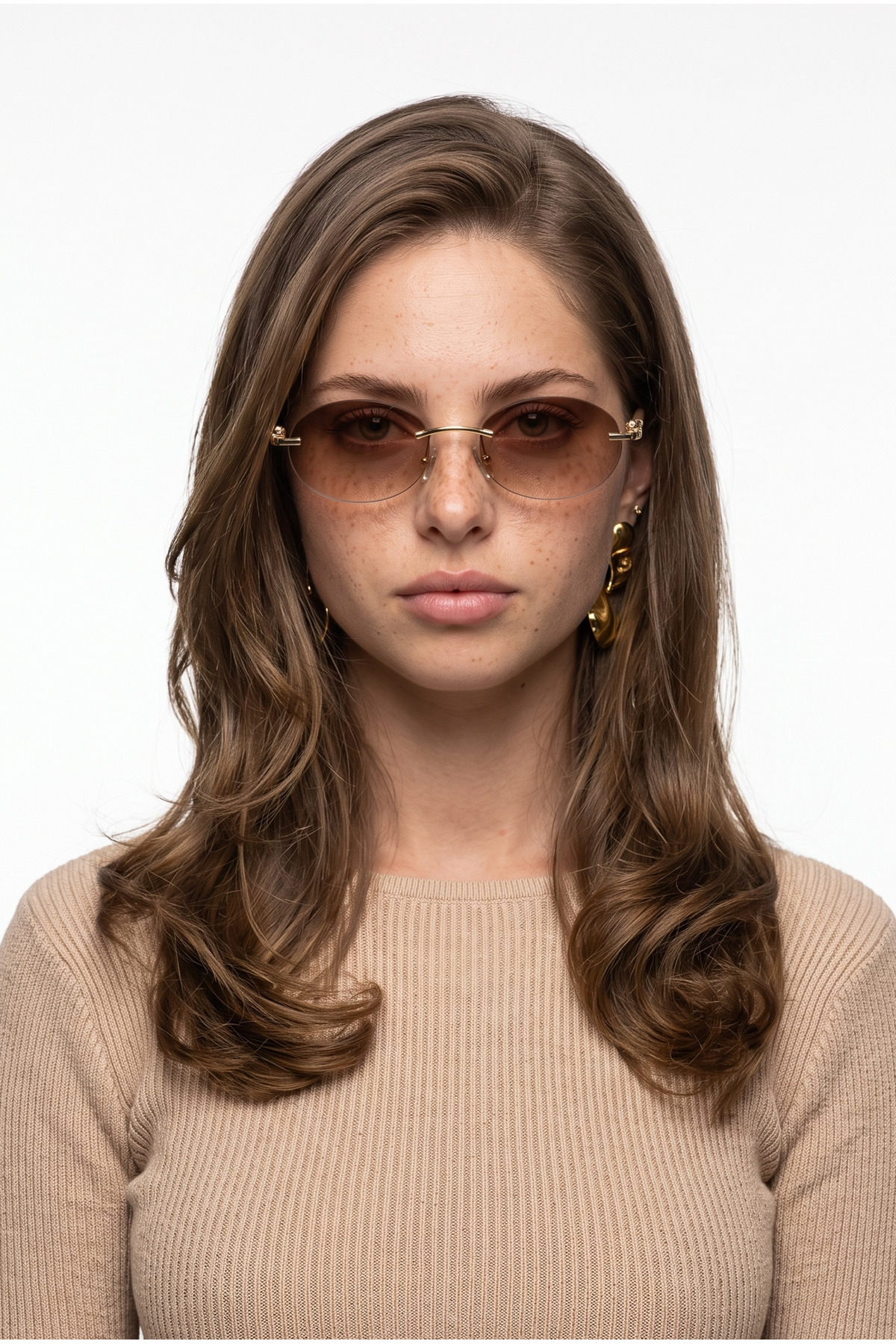 Houseofeyeris ELVA Çerçevesiz Oval Kahverengi Degrade Camlı Gold Detaylı Unisex Güneş Gözlüğü