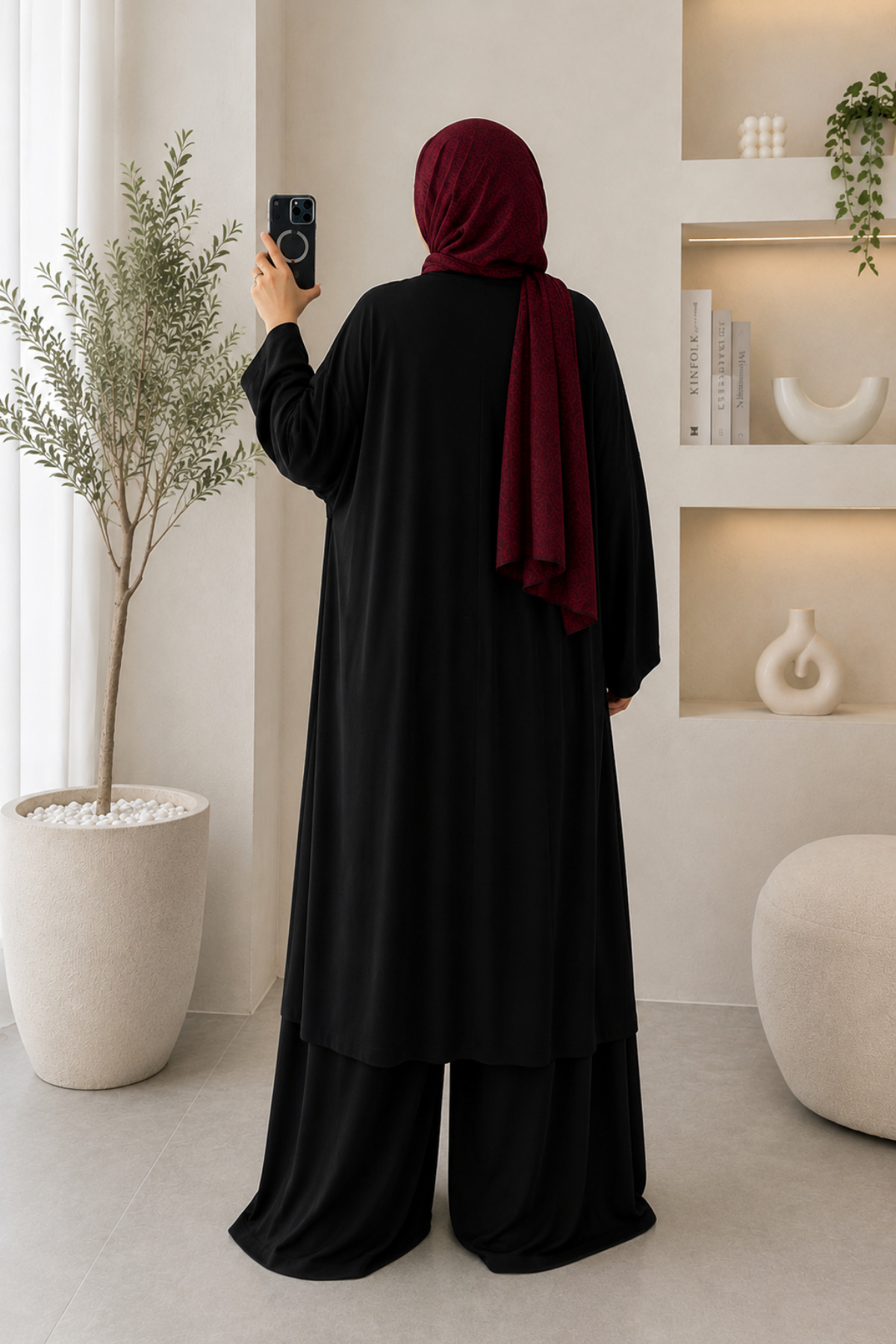 Balenbi Kadın Penye Uzun Hırka Bluz Geniş Paça Pantolon Abaya Takım Siyah 1217 görsel 3