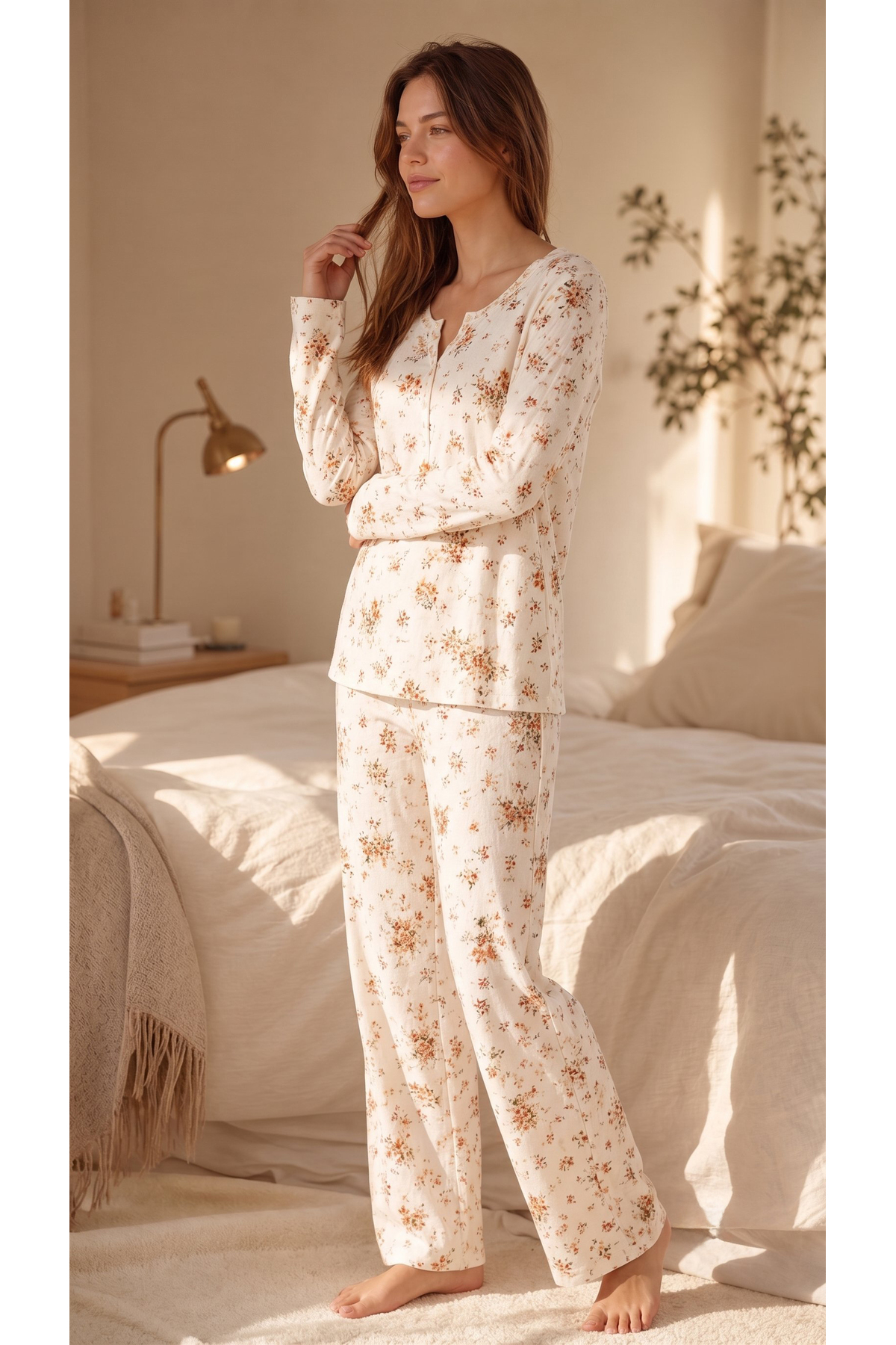 %100 Pamuk Uzun Kol Kadın Pijama Takımı 98288 2