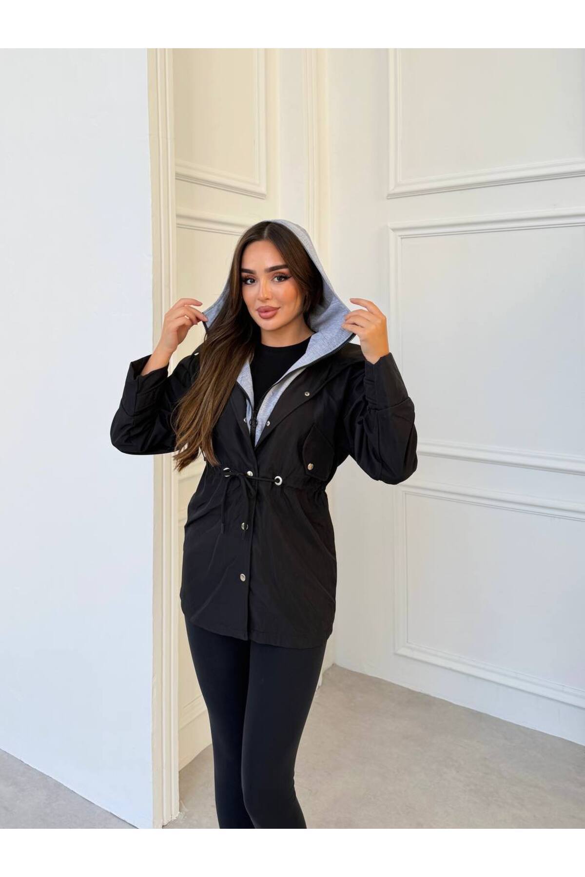 İLKCET MODA Kapüşonlu Cepsiz Mevsimlik Kadın Yağmurluk görsel 8