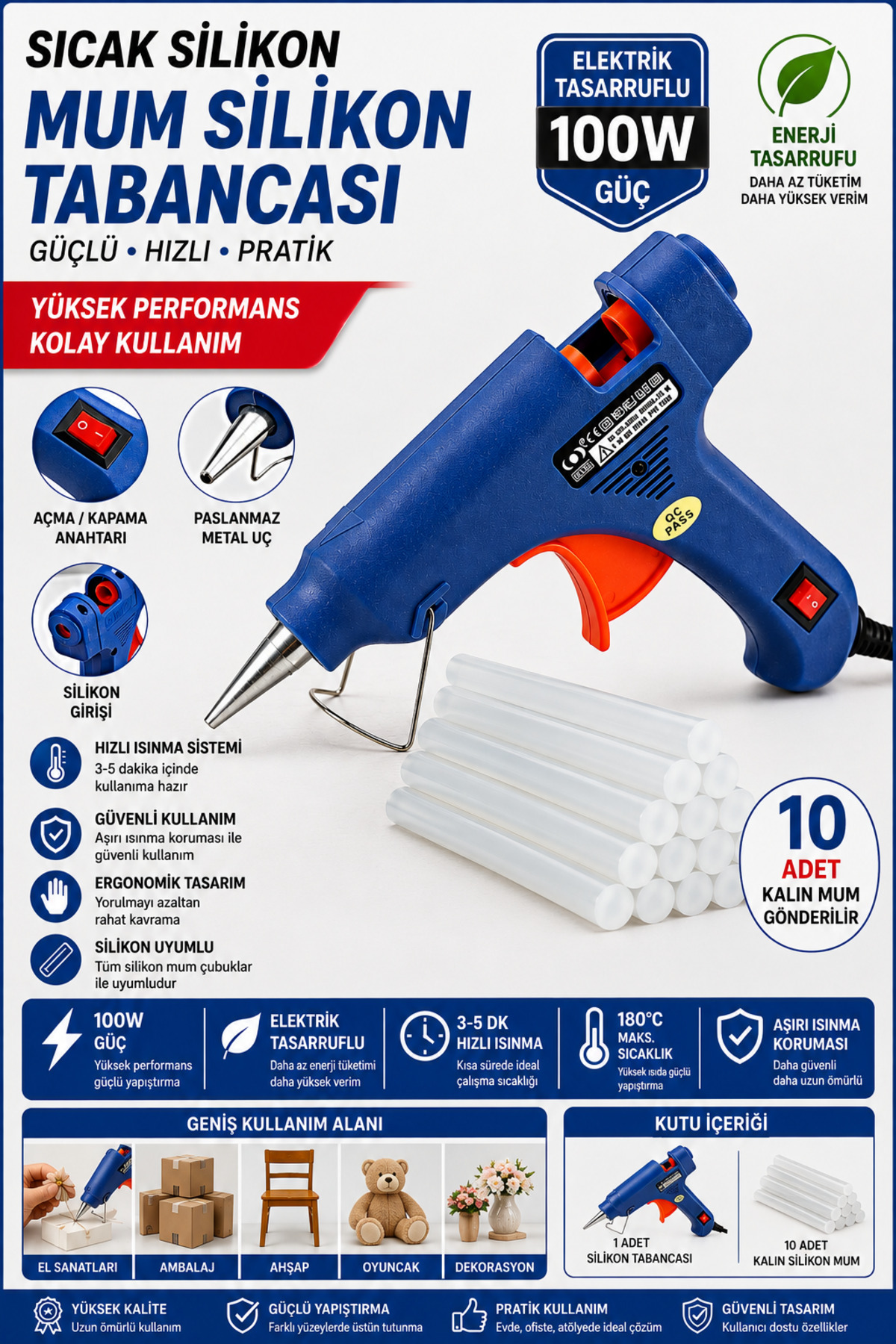MOONSHOP 100watt Sıcak Silikon Tabancası + 10 Adet Çubuk Slikon