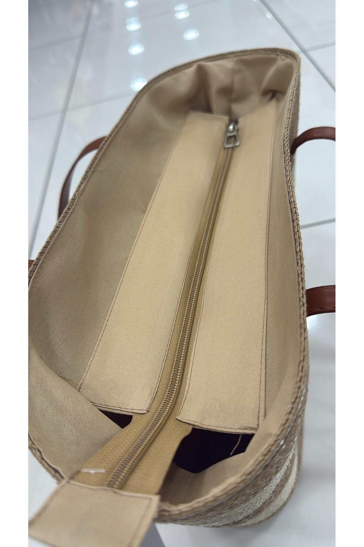 Axesoire NWC-1043-1 Çizgili Camel Siyah Hasır Çanta görsel 5