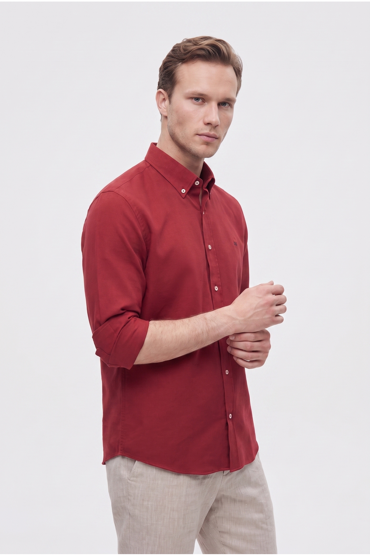 D'S Damat Ds Damat Slim Fit Bordo Oxford Düğmeli Yaka Kolay Ütülenebilir Nakış Detaylı Pamuklu Gömlek görsel 6