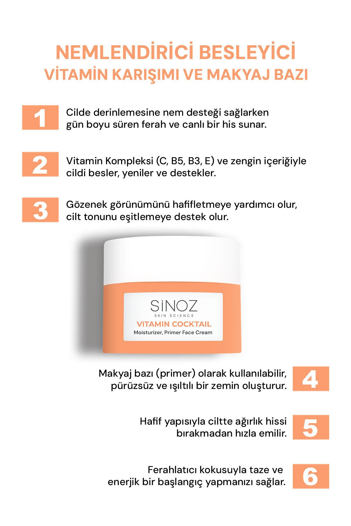 Vitamin Kokteyl-Nemlendirici Besleyici Onarıcı Yüz Kremi (Vitamin C+ B3 +B5 +E) ve Makyaj Bazı 50Ml — سفید 10.11.23.005.050.10 — تصویر 3 از 9