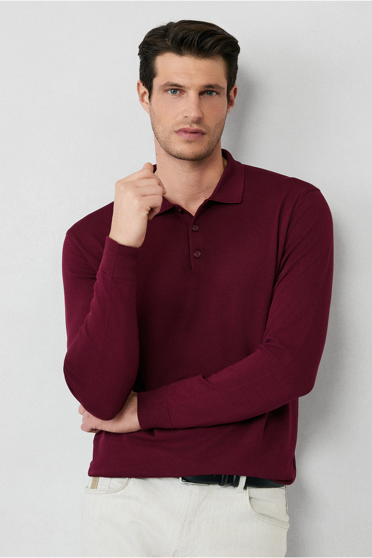 Regular Fit Düğmeli Polo Yaka Triko Kazak — زرشکی KKBSD178DZ001 — تصویر 3 از 7