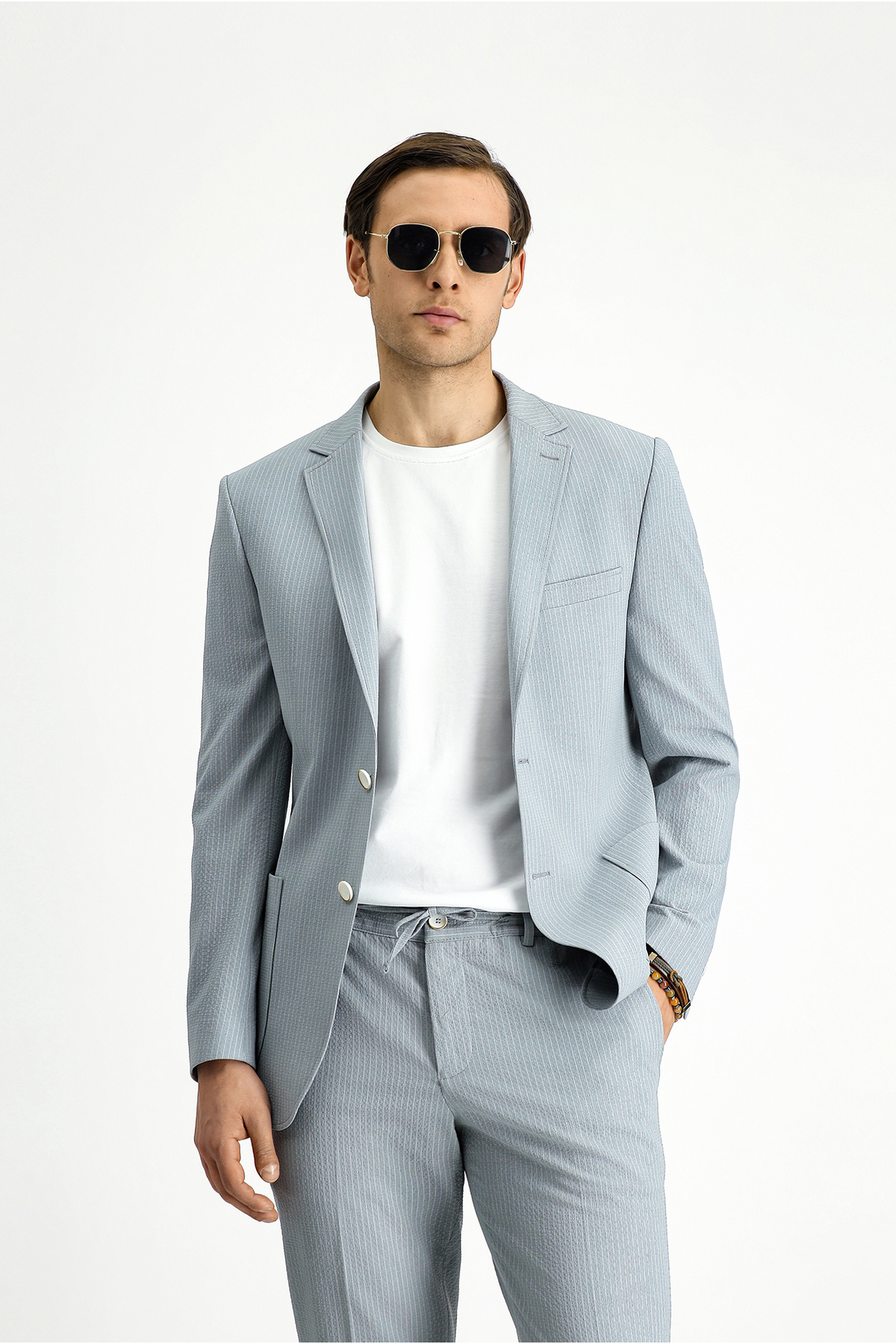 Kiğılı 7 Drop Super Slim Fit Eksra Dar Kesim Çizgili Beli Lastikli İpli Gofre Takım Elbise görsel 3