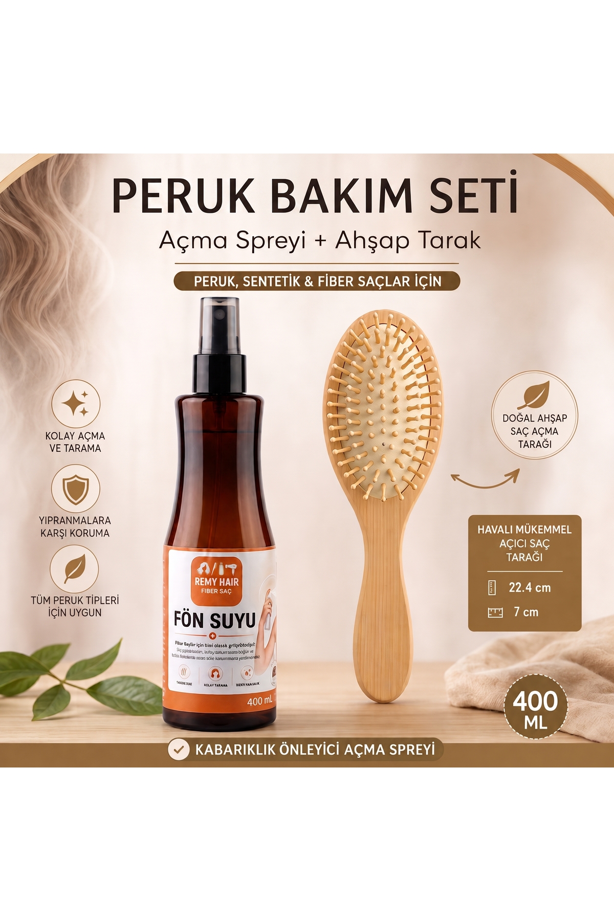 Fiber & Sentetik Peruklar İçin Kolay Tarama ve Dolaşıklık Açma Seti - 400 ml Fön Suyu + Ahşap Açma Tarağı - Pimli Tarak Fırça & Açma Spreyi — NS0255 — تصویر 6 از 6