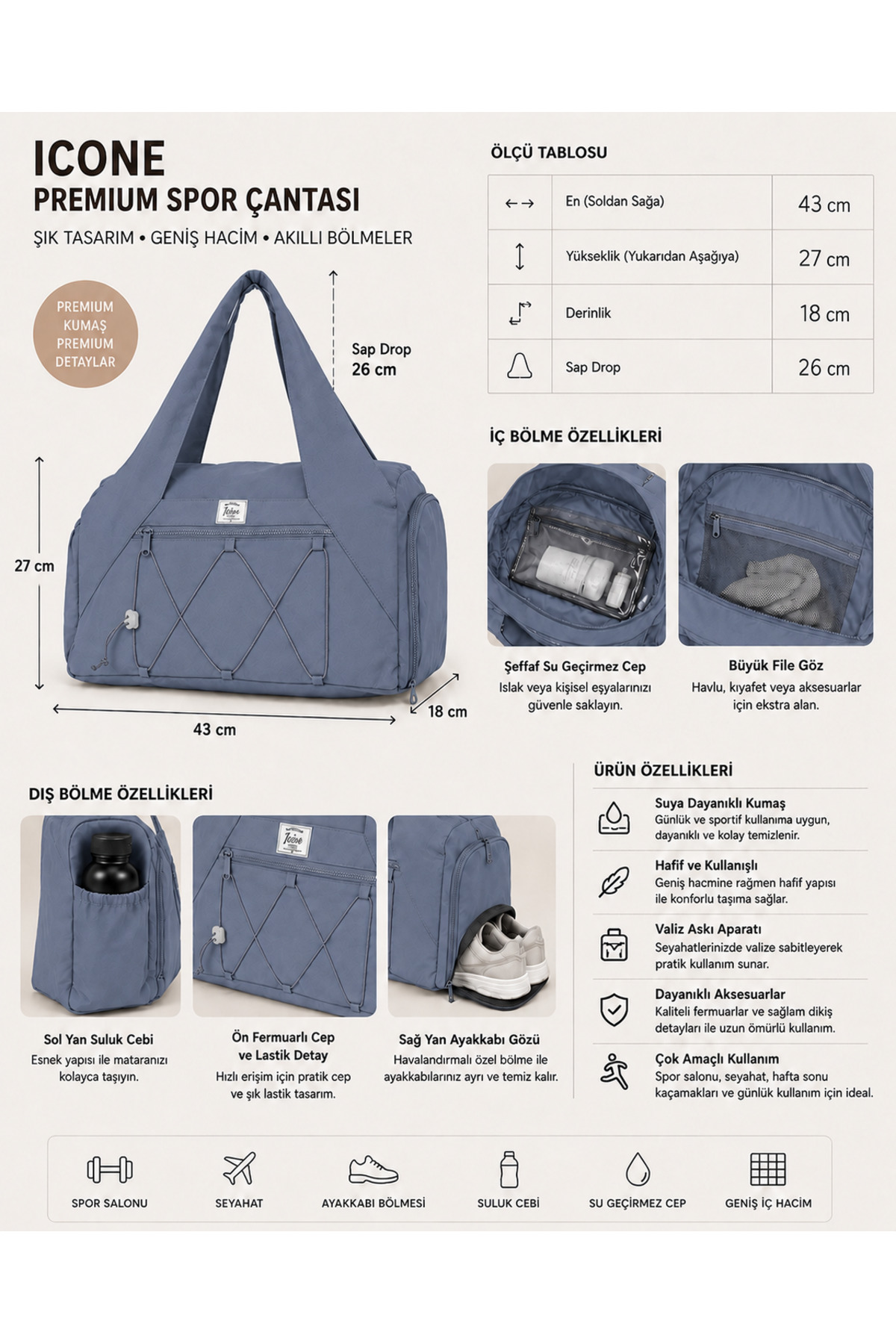 ICONE BAG Kadın Spor ve Yoga Çantası, Çok Cepli, Ayakkabı Bölmeli, Lastik Detaylı, Fermuarlı Ön Cep görsel 4