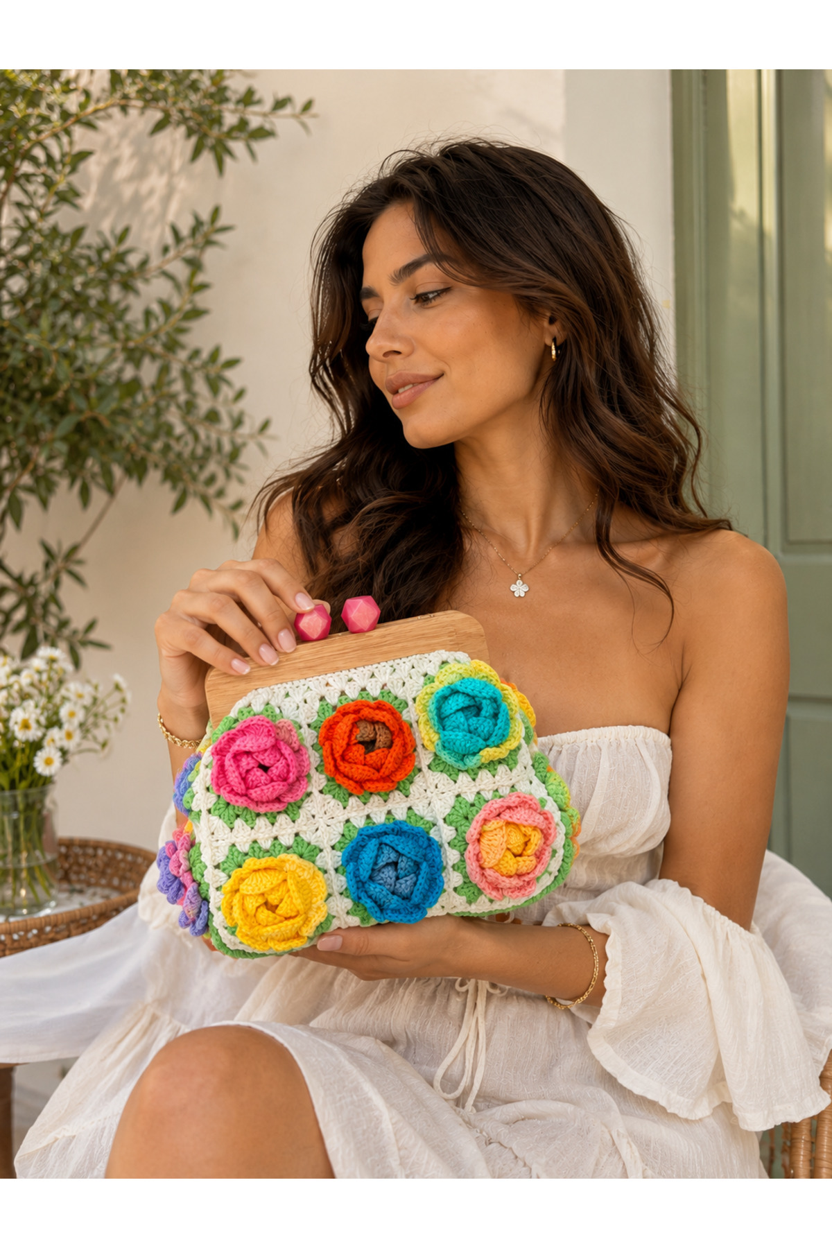 Satürn Hobi Örgü Ahşap Burslu Gül Motifli Clutch Çanta