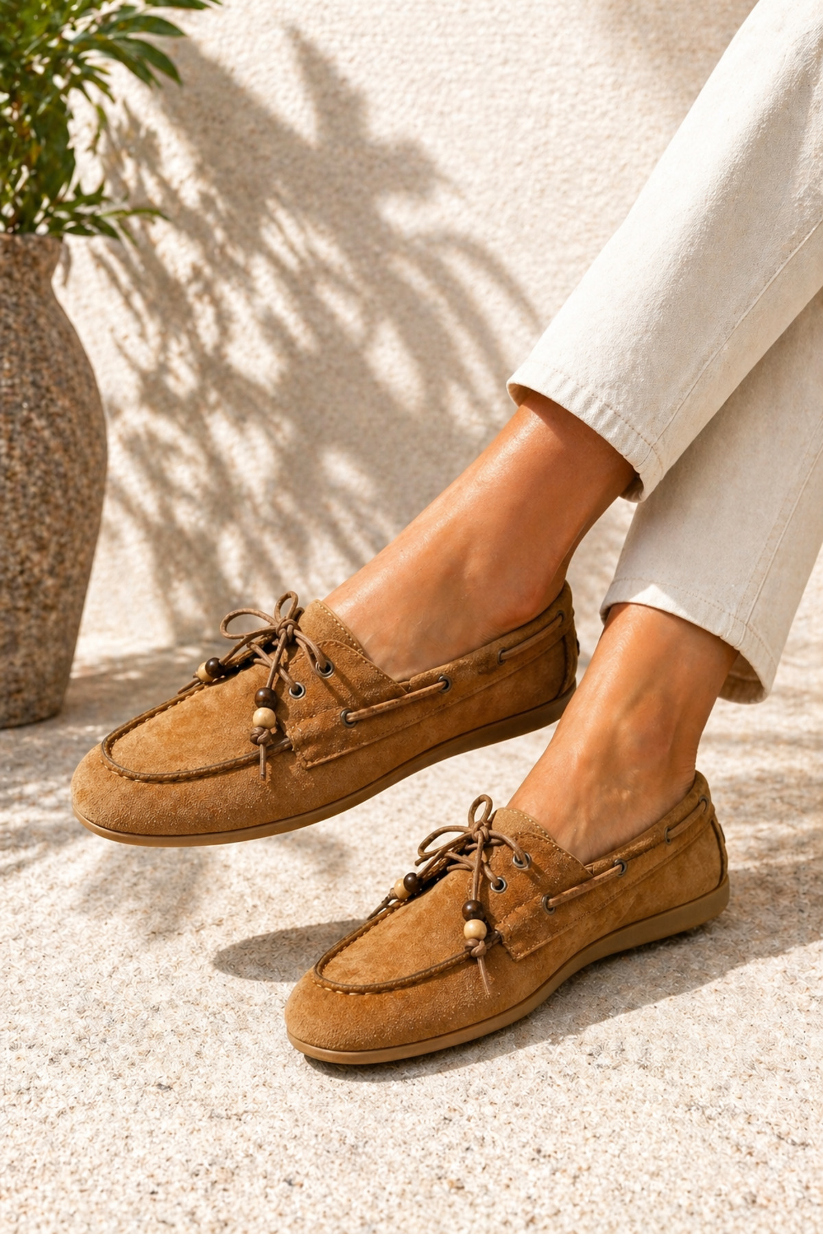 Women's Tan Lace-Up Loafer Casual Flats