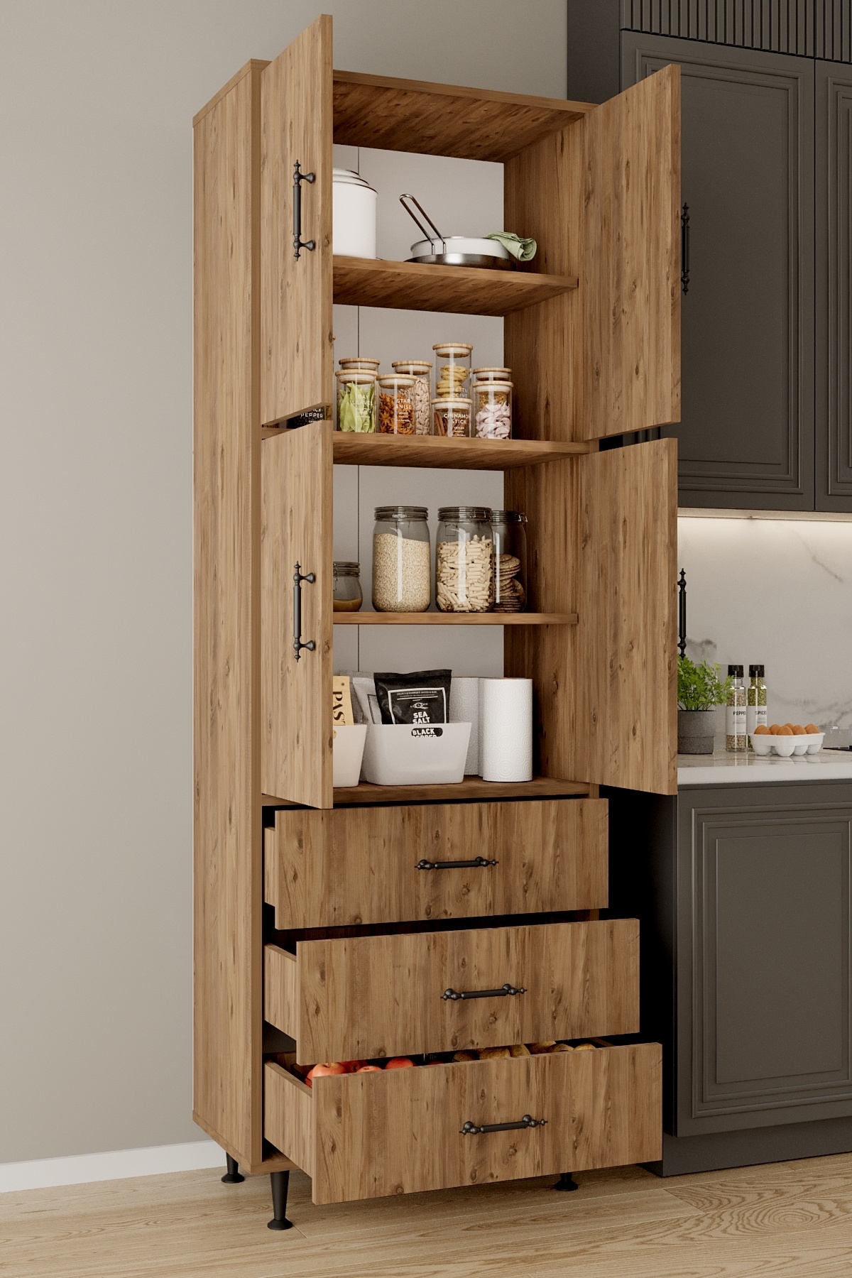 AE-3020 River Atlantik Pine 4 Door Multipurpose Cabinet 3 Drawer Shelf Kitchen Pantry Bathroom 195x63x35 Multipurpose Cabinet