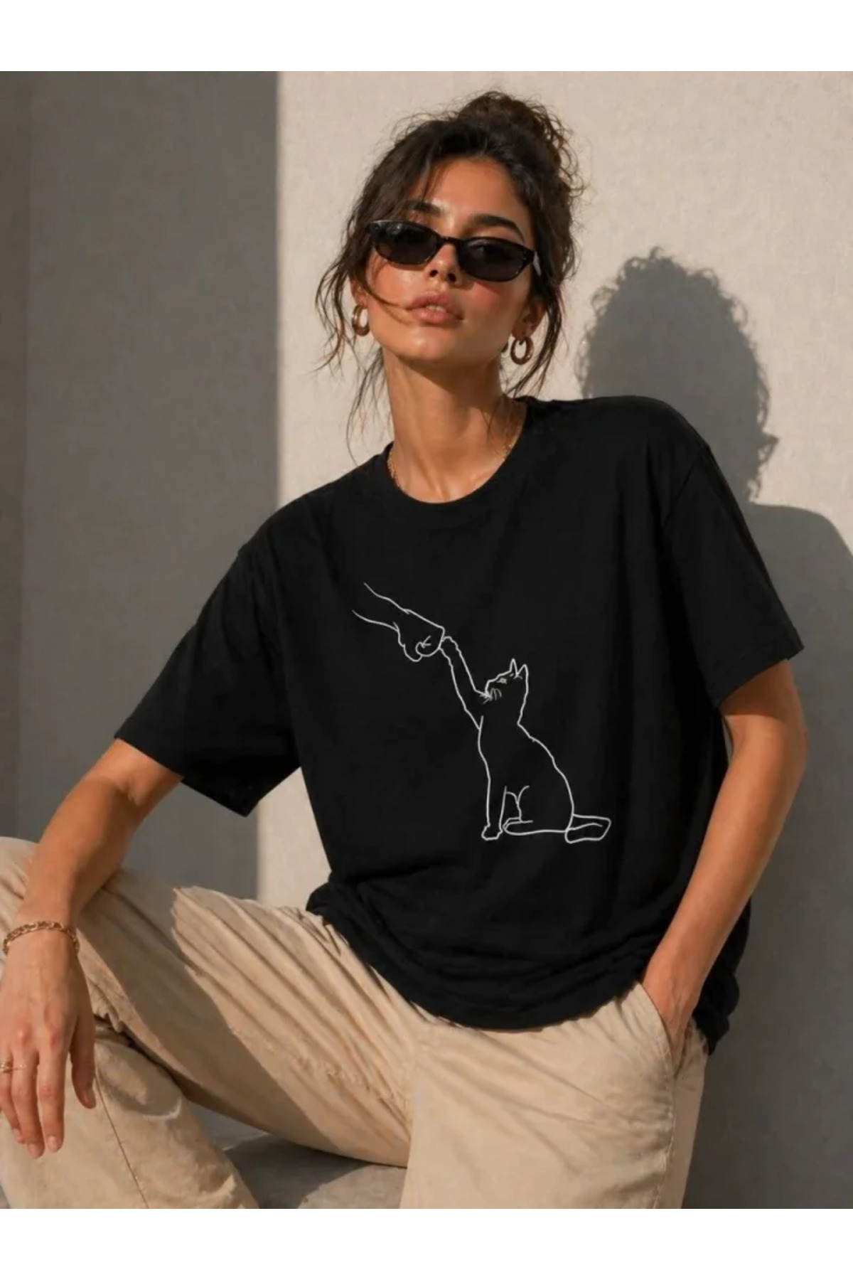 Minimal Kedi Çizim Baskılı Tişört Kısa Kol Yazlık T-Shirt - Siyah