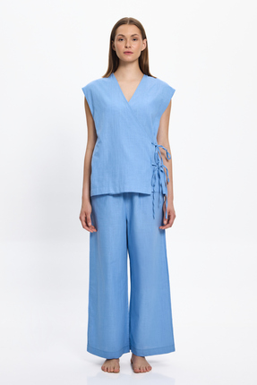 TOOSALTY Kadın Mavi Kısa Kollu %100 COTTON Kruvaze Top 25PL03ST