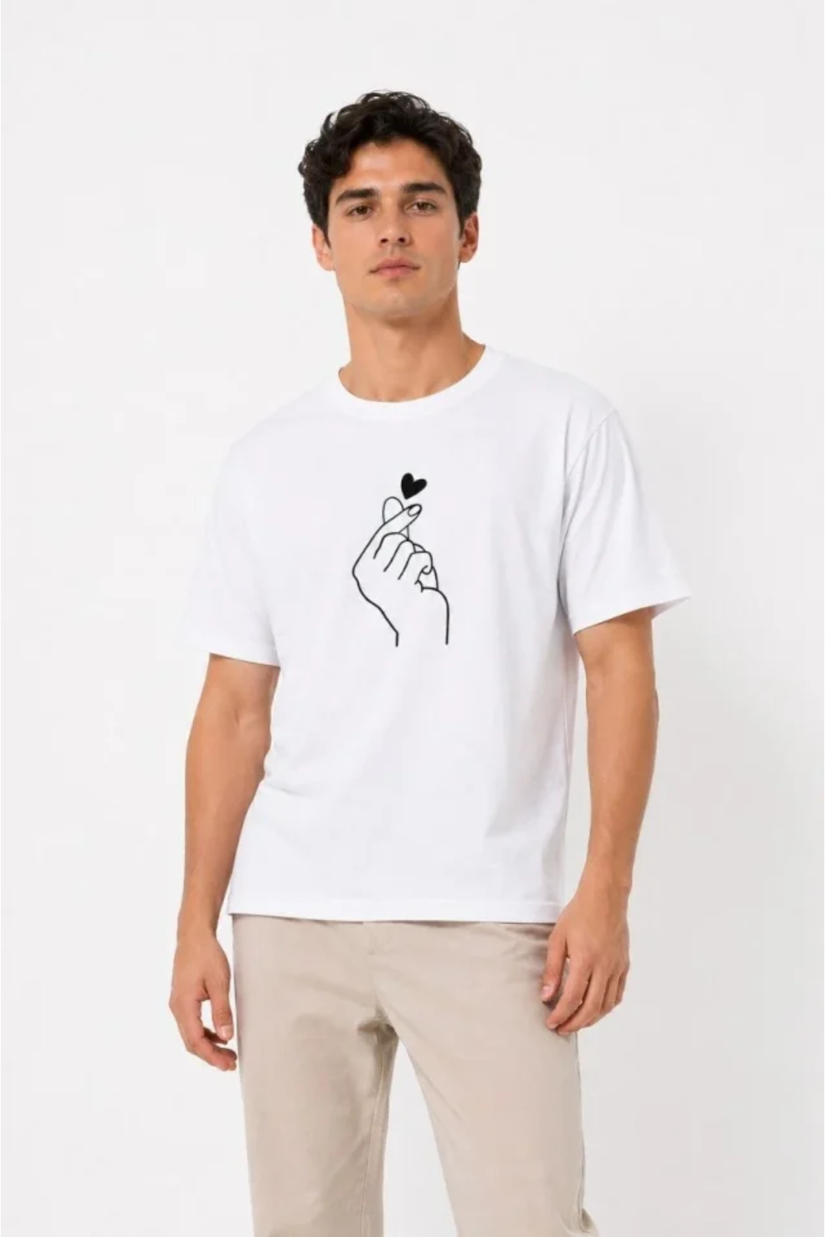 Erkek Kore Parmak Kalp Aşk Temalı Minimal Baskılı Tişört Yazlık Kısa Kol T-Shirt - Beyaz alternatif görünüm