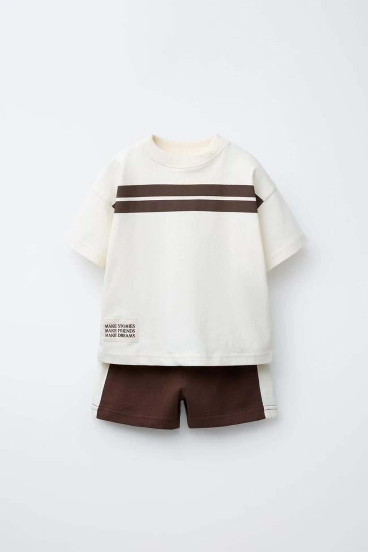 Magu Children's Cotton Ecru Brown Striped T-Shirt Shorts Set