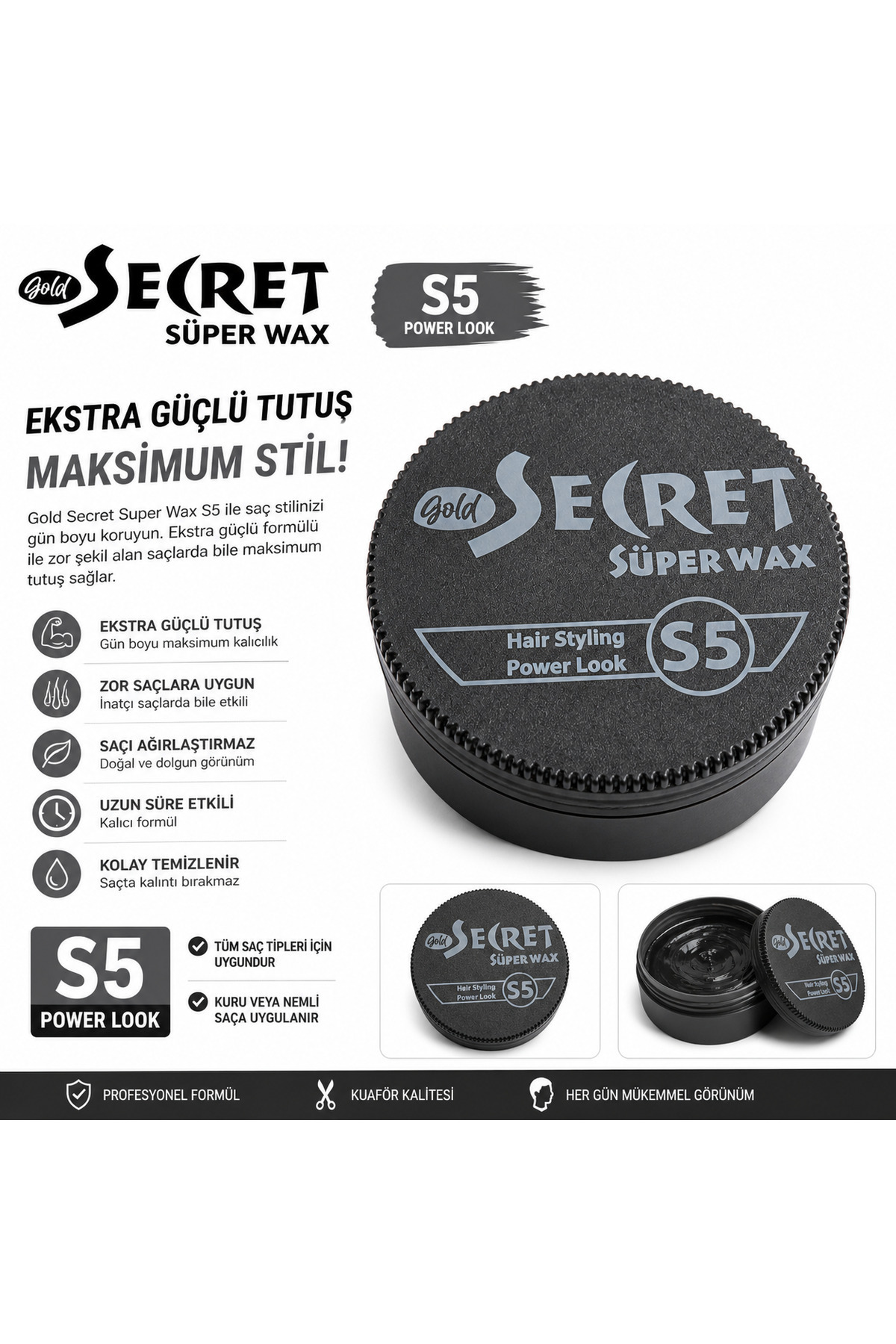 Secret Gold Super Wax S5 Saç Waxı – Ekstra Güçlü Tutuş (Power Look) — 00182