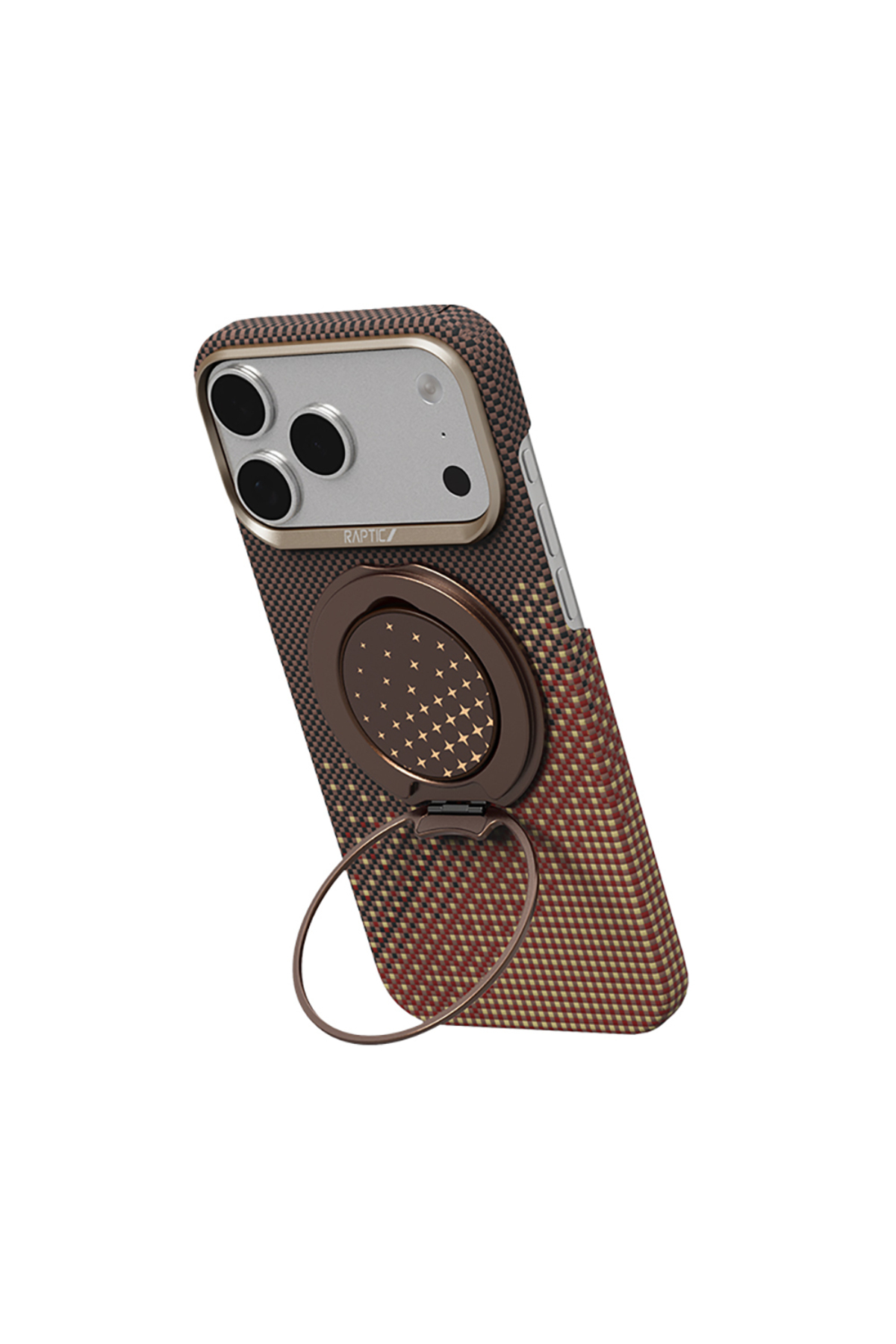 iPhone 17 Pro Max Uyumlu Raptic 2in1 Bundle Kit Aramid Skin Serenity Serisi Stand ve Kahverengi Kılıf