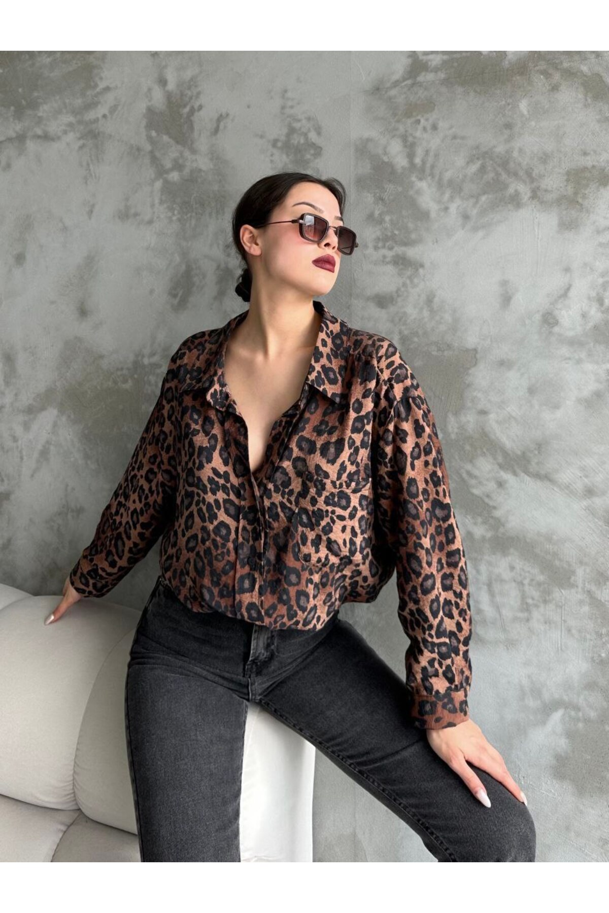 franky B Kadın Leopar Desenli Oversize Gömlek görsel 4