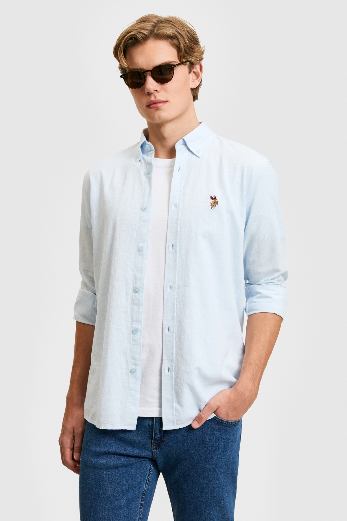 U.S. Polo Assn. Erkek Açık Mavi Uzun Kollu Basic Gömlek 50320255-VR003 — آبی