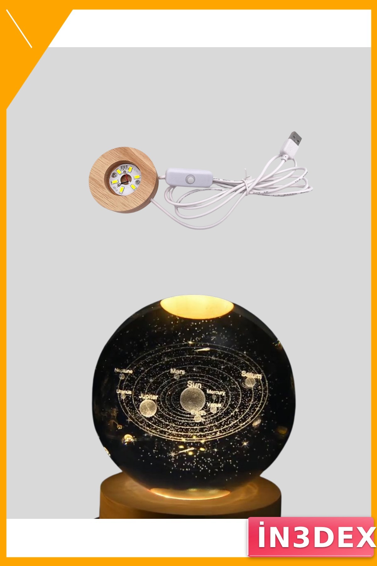 USB Işıklı Kristal Gezegen Küre Ahşap Tabanlı Gece Lambası