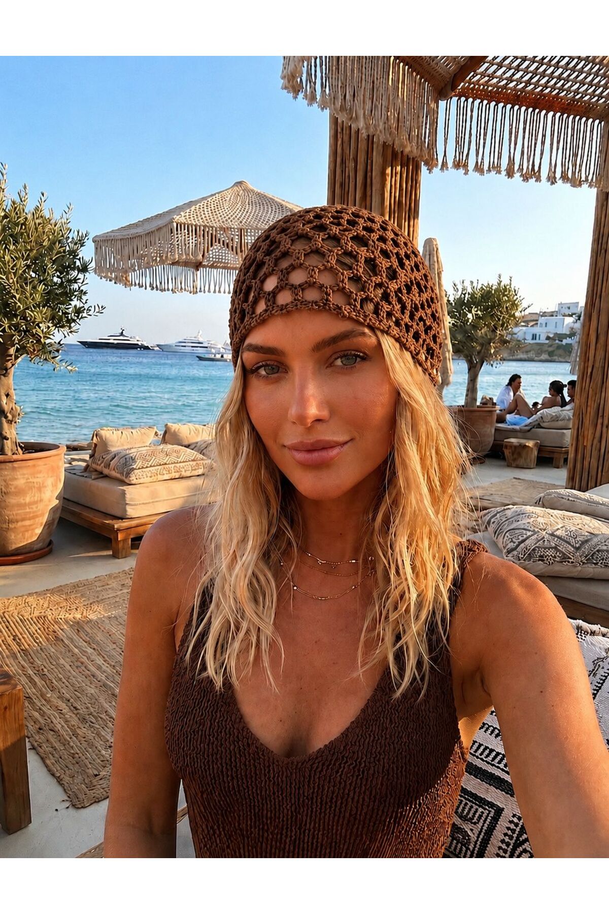 Trend Şapka 19067 Açık Kahve El Yapımı File Örgü Bere Şapka Bandana