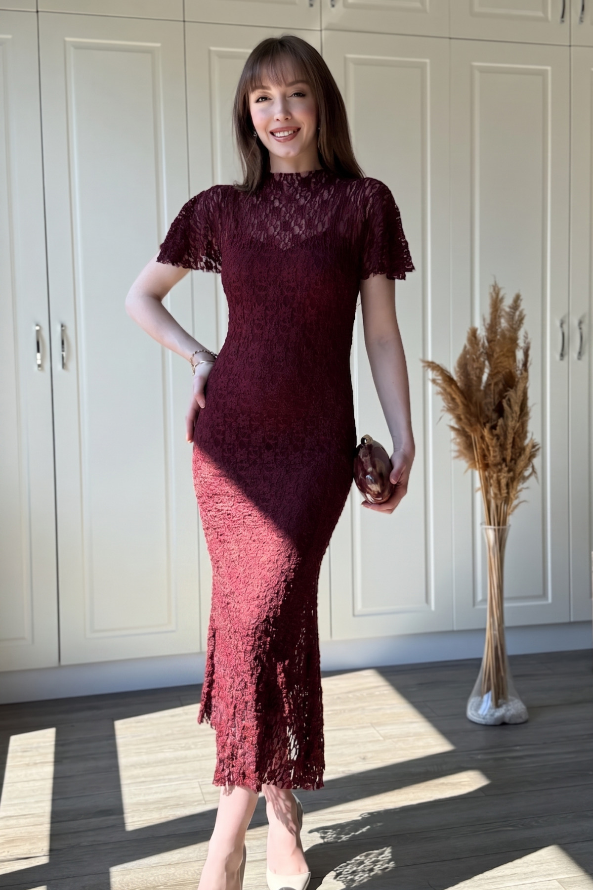 Ruffled Sleeve Frilly Upright Neck Midi Elegant Dress