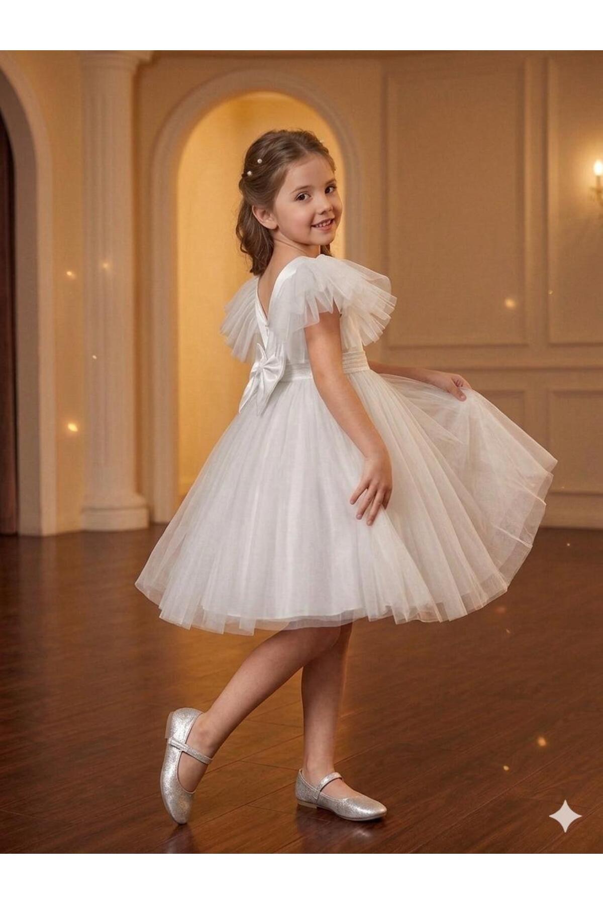 Luvia Kids Dress Kol Tül Dökümlü Beyaz Elbise Doğum Günü Parti Gösteri 23 Nisan Elbisesi