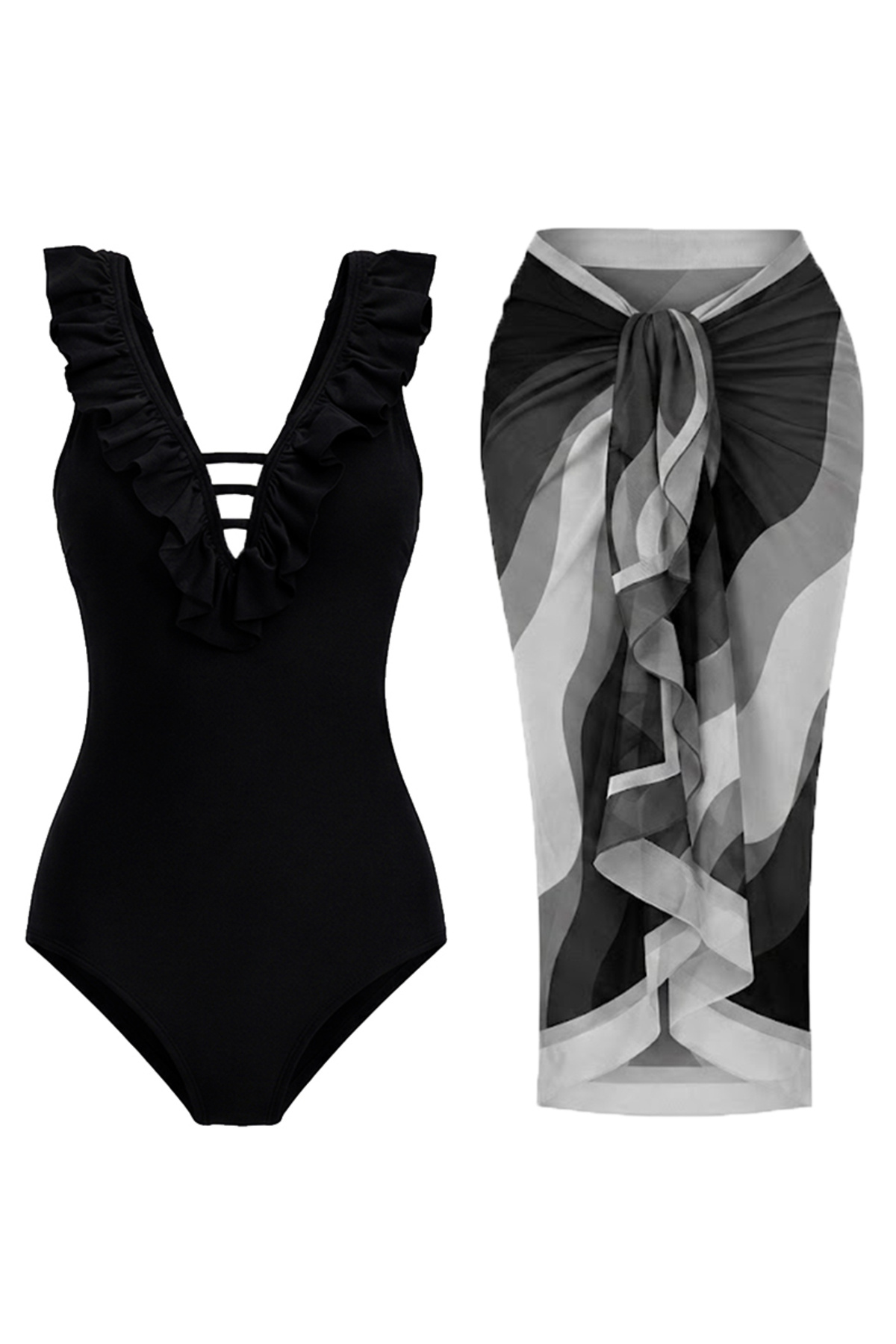 Slimming Effect Front Ruffled Black Swimsuit Black Wave Pattern Pareo Set of 2
