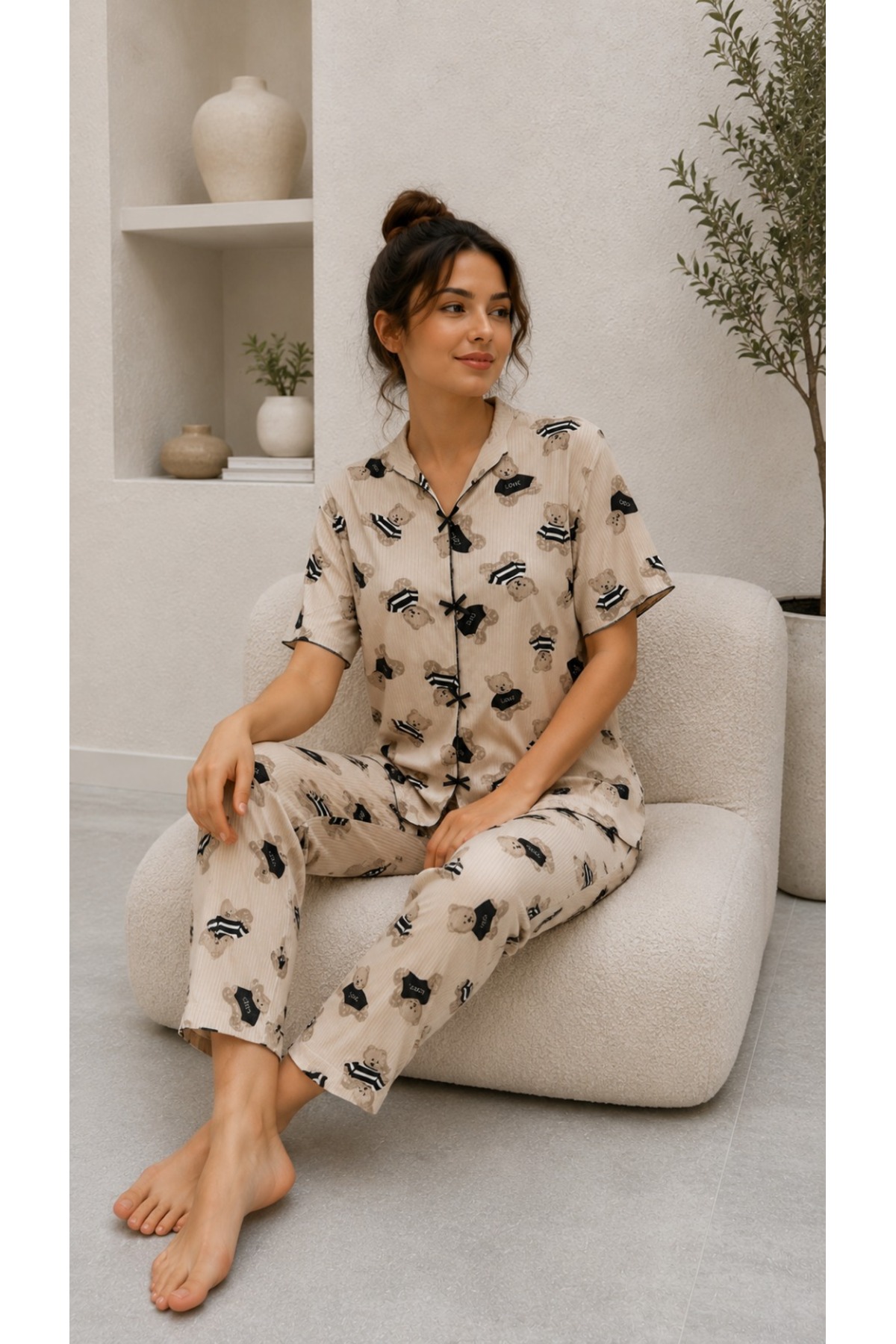sleeproom Yazlik Karyoka Stitched Short Sleeve Women's Pajama Set