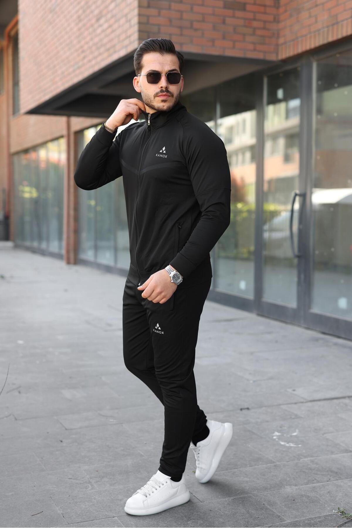 Slim Fit Dalgıç Kumaş Fermuarlı Erkek Eşofman Takımı V Baskılı — مشکی K-9901 — تصویر 2 از 2