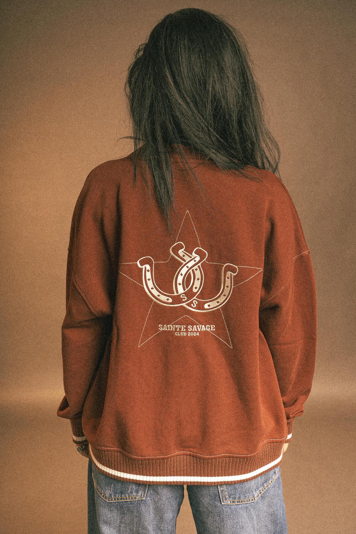 Unisex Haki / Kahve Nakışlı Pamuklu Boxy Fit Hırka Members Cardigan — قهوه‌ای svg-055-25 — تصویر 2 از 4