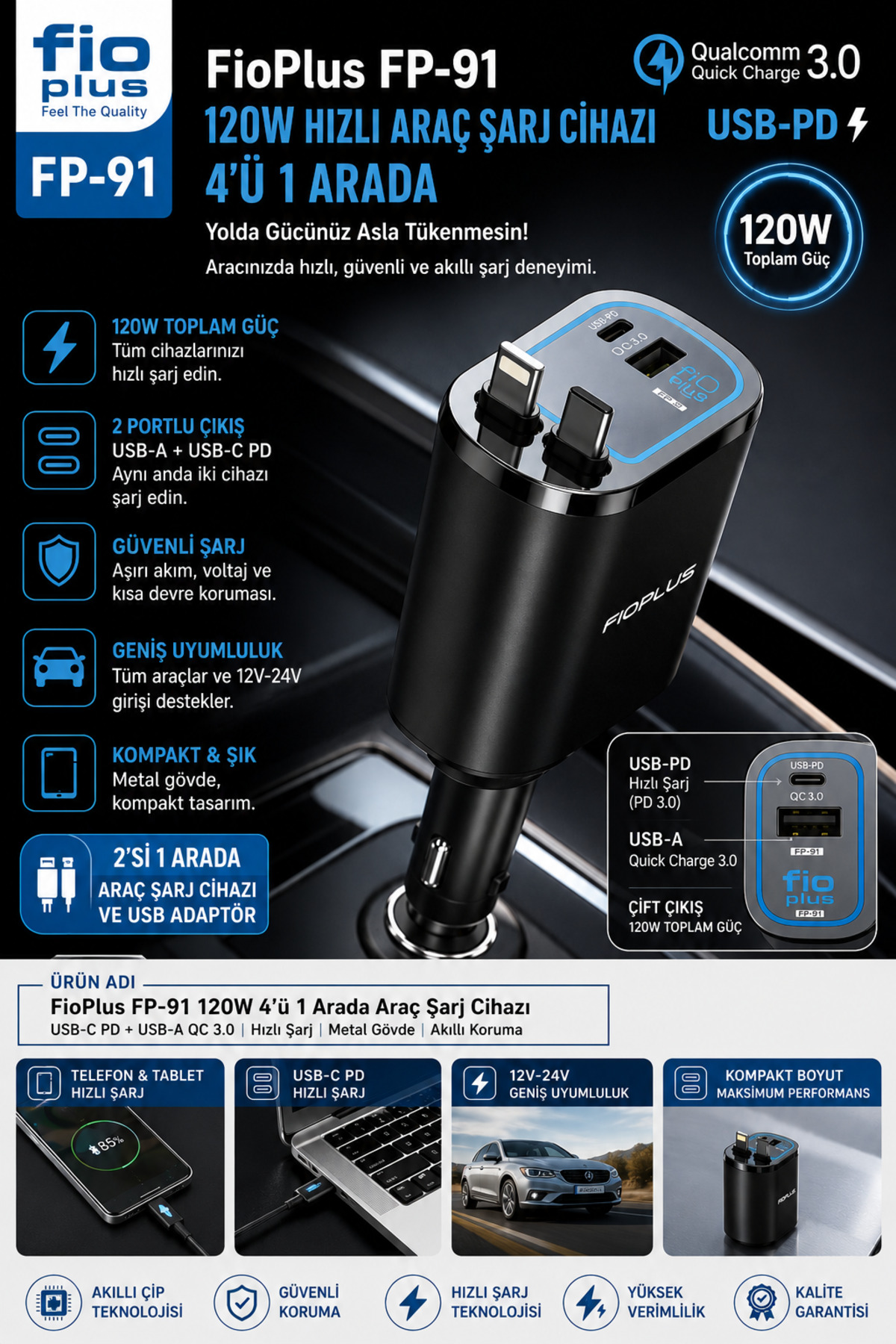 FP-91 120W 4’ü 1 Arada Hızlı Araç Şarj Cihazı