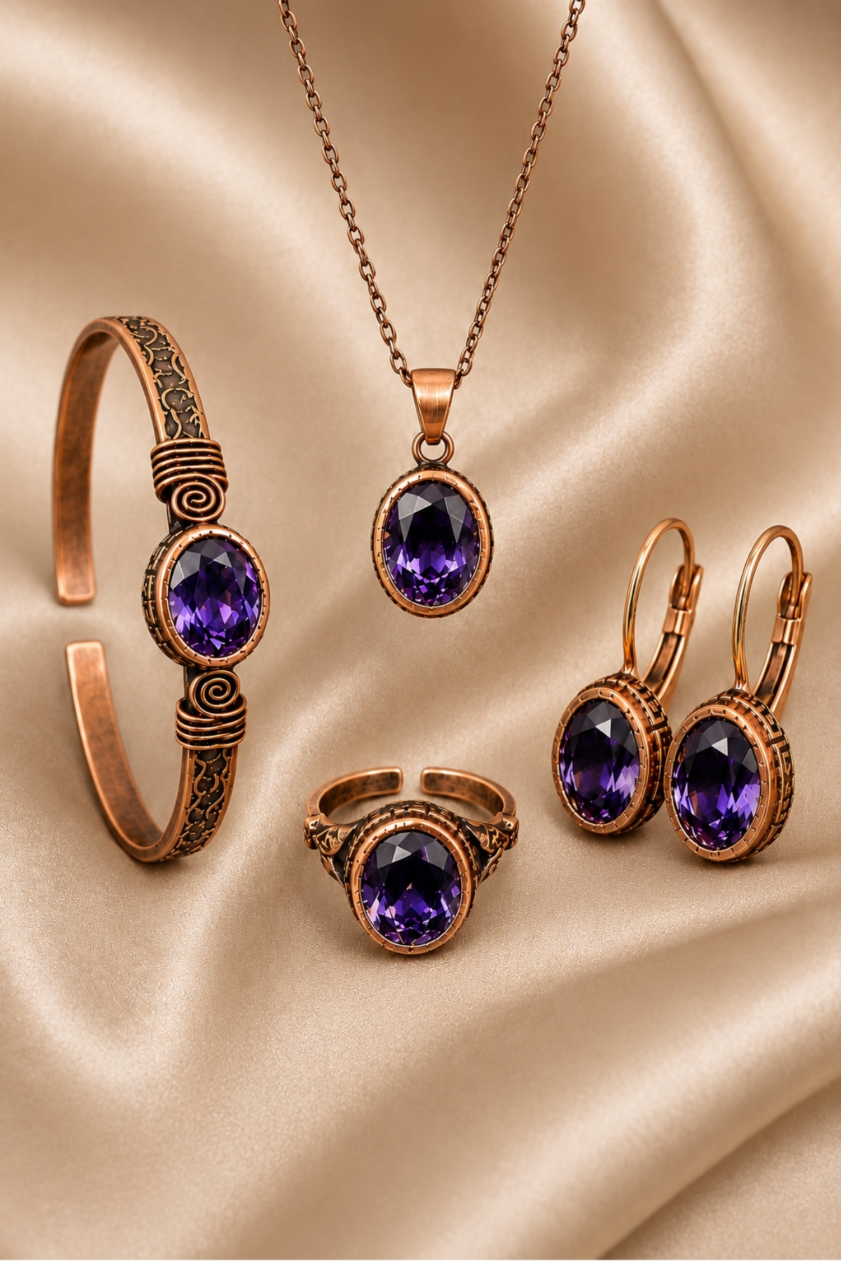 Women's Amethyst Natural Stone Copper Bracelet Necklace Ring Earrings Copper Set