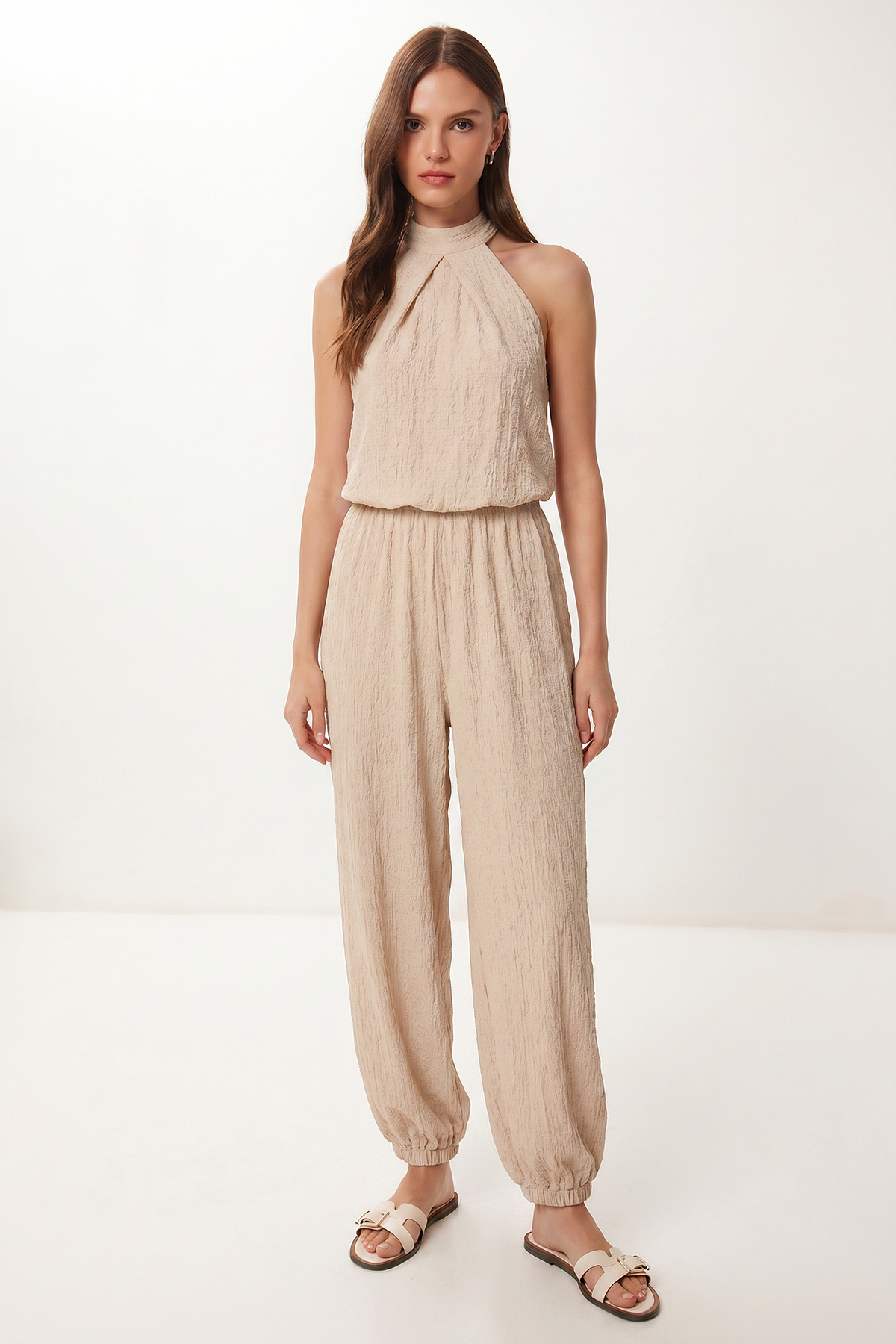 Halter Collar Blouse Pants Crinkle Set LFW0027 CREAM