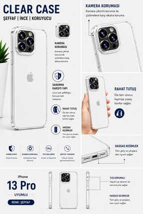 FIRO iPhone 13 Pro uyumlu Şeffaf Kılıf Kamera Korumalı