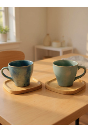 Mertgift El Yapımı Seramik Kahve Fincanı Bambu Altlıklı 2’li Set Turkuaz Yeşil