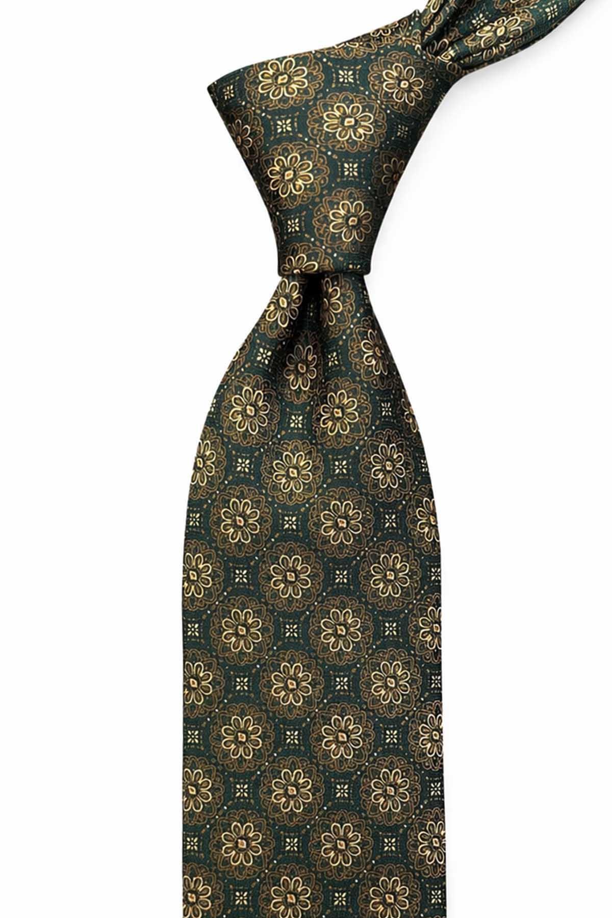 Kravatkolik Yeşil - Sarı Motif Desen Mendilli Klasik Kravat KK13703 görsel 2