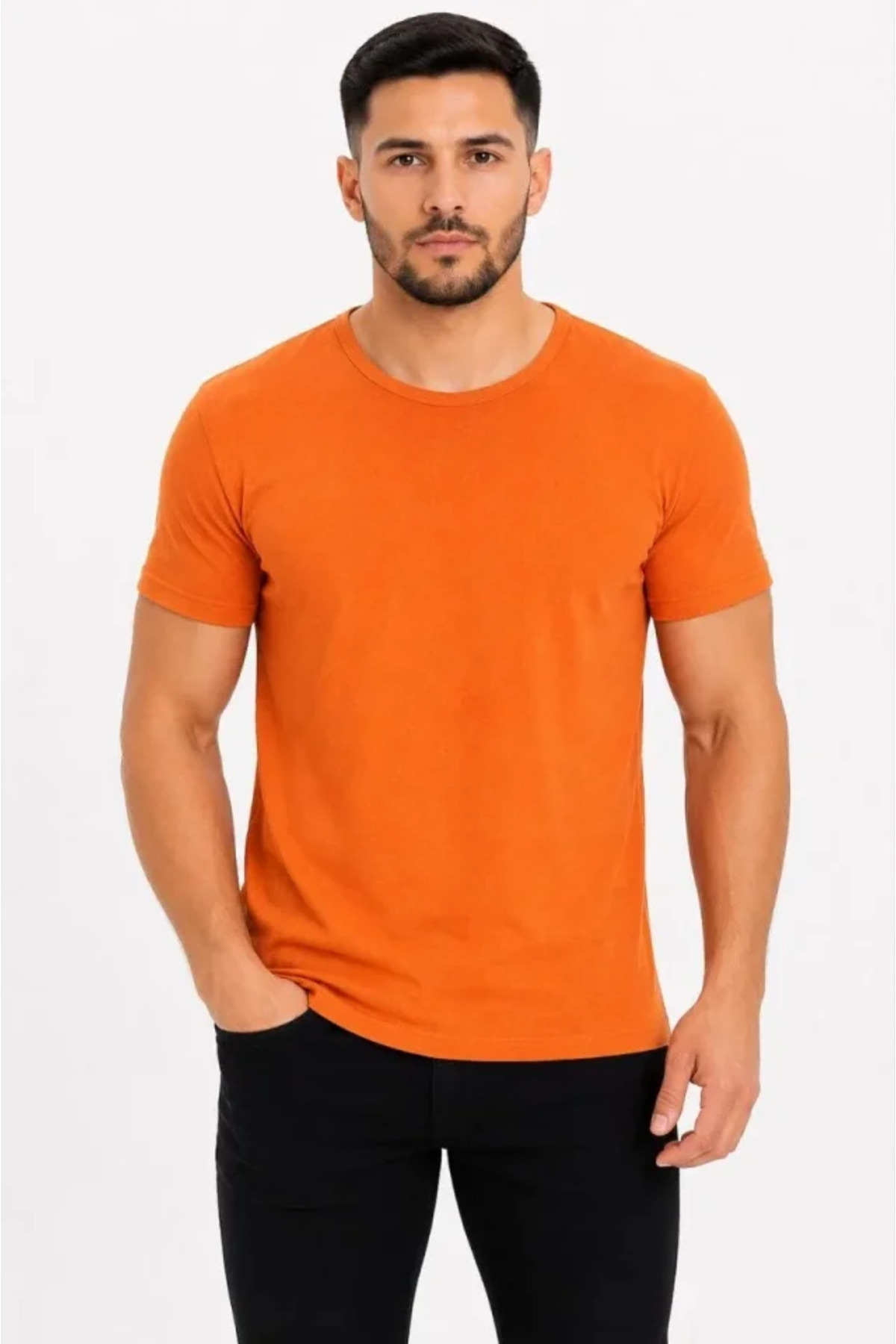 Erkek Basic Tişört Bisiklet Yaka Kısa Kol Günlük Yazlık Slim Fit T-Shirt - Turuncu alternatif görünüm