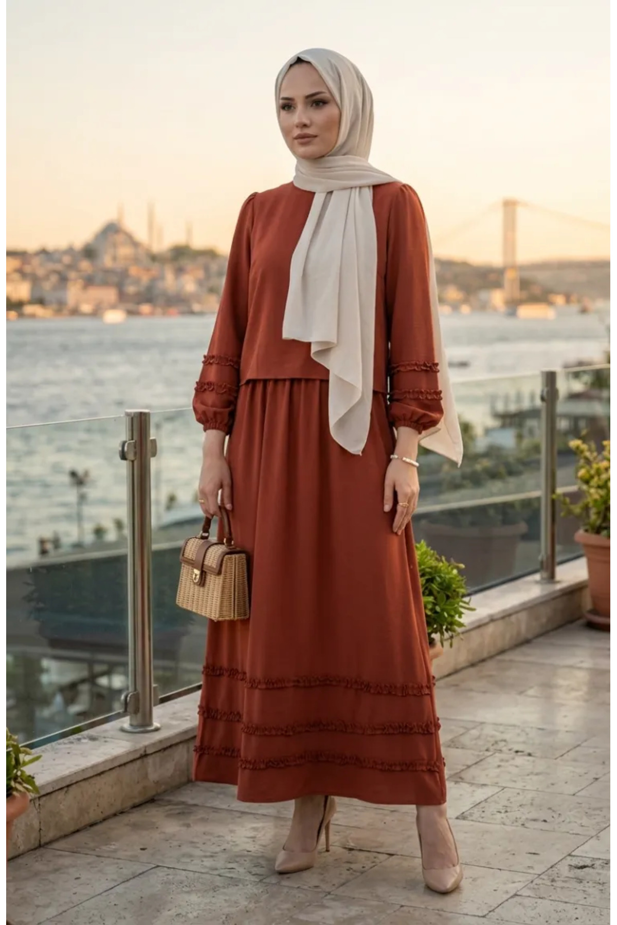 sefamerve Ruffled Blouse Skirt Double Set 0279-02 Tile