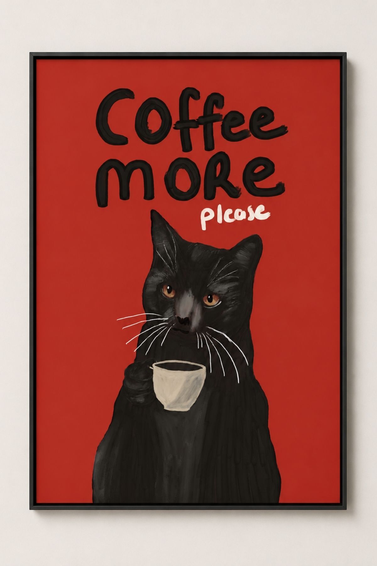 Kahve İçen Kedi Poster Siyah Kedi İllüstrasyon Duvar Tablosu Çerçevesiz