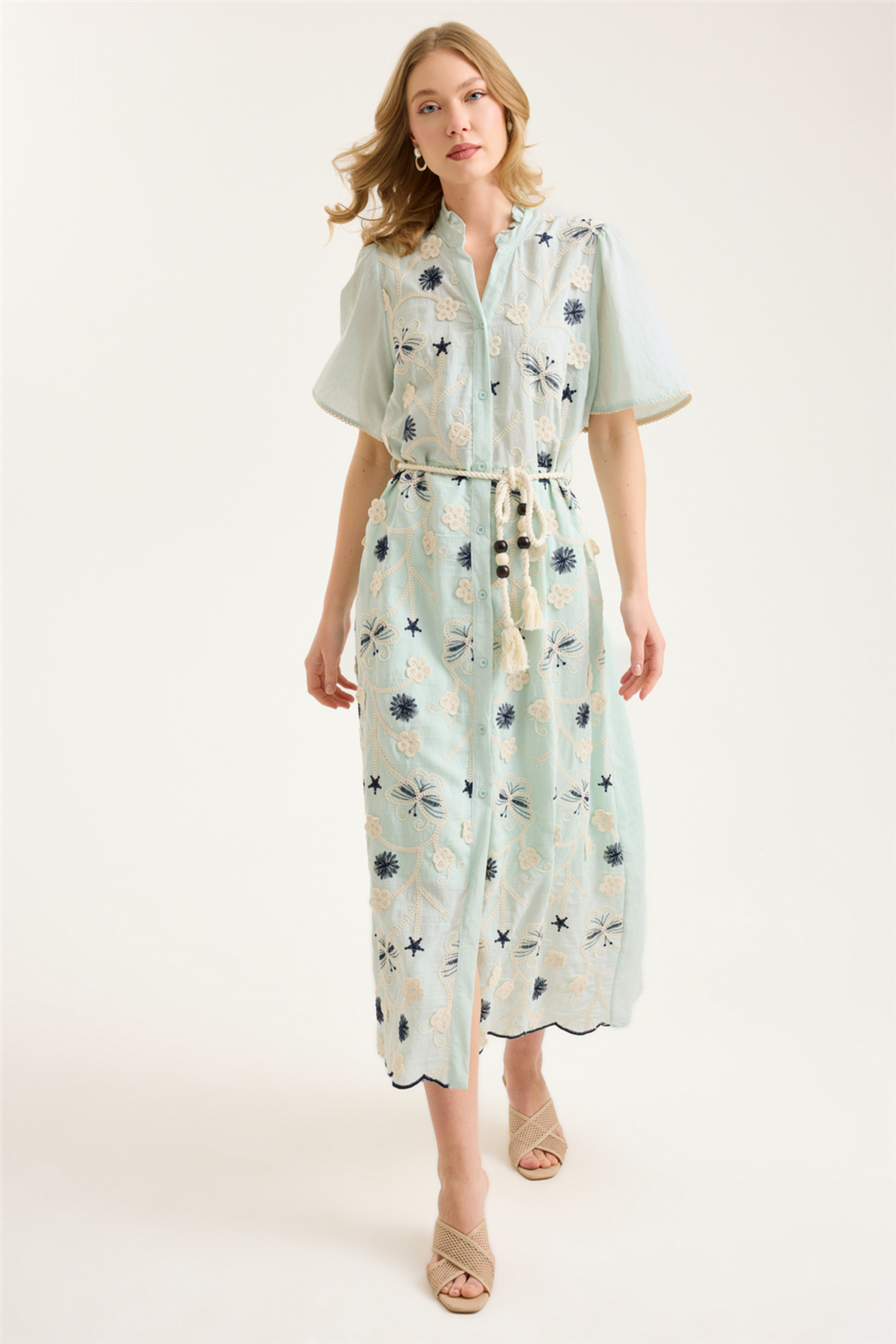 Home Store Long Butterfly Flower Embroidered Short Sleeve Dress