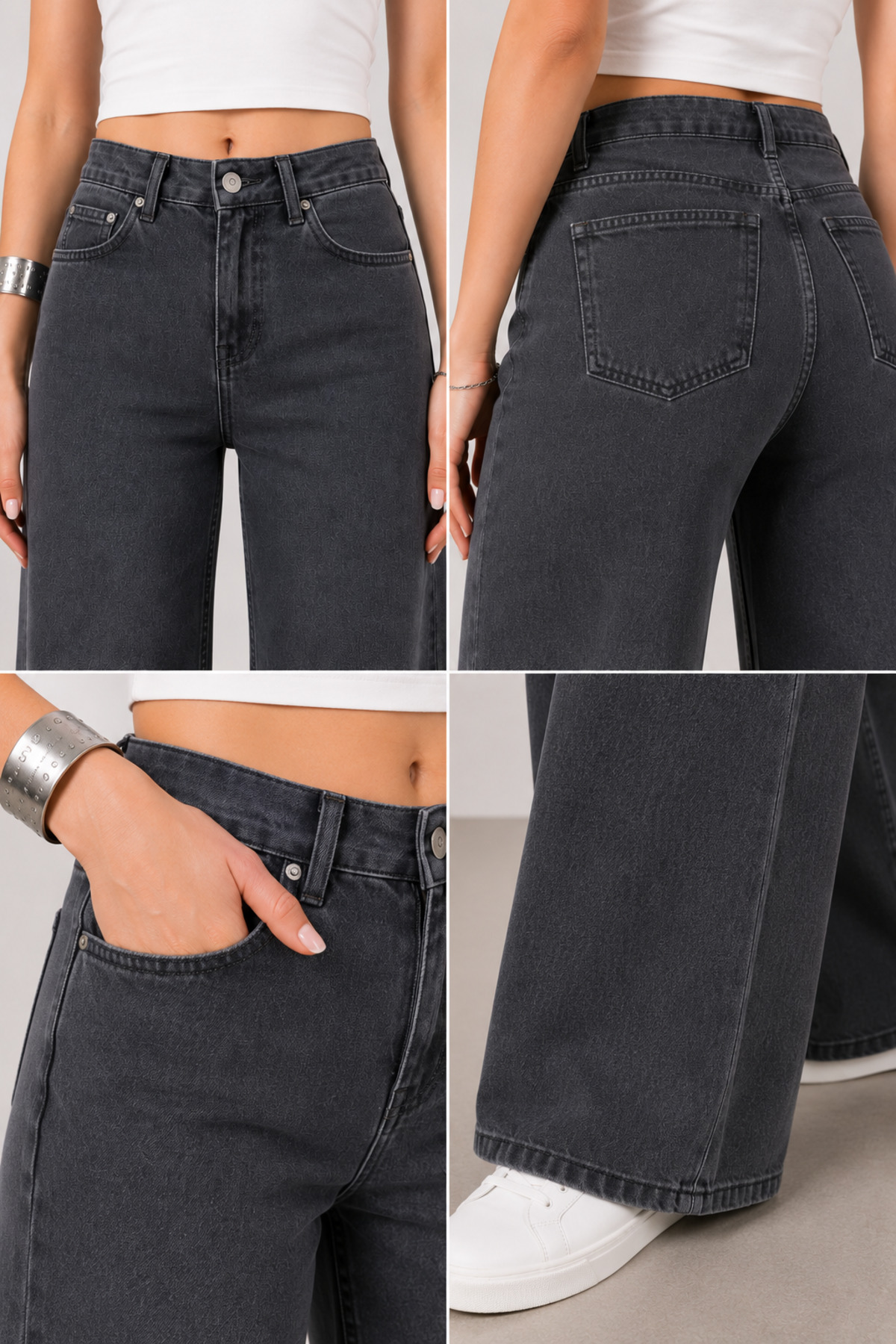 Lighter Jeans  Füme Wide Leg Palazzo Jean Kadın Pantolon Yüksek Bel Likralı Bol Paça Denim Jean - Görsel 5